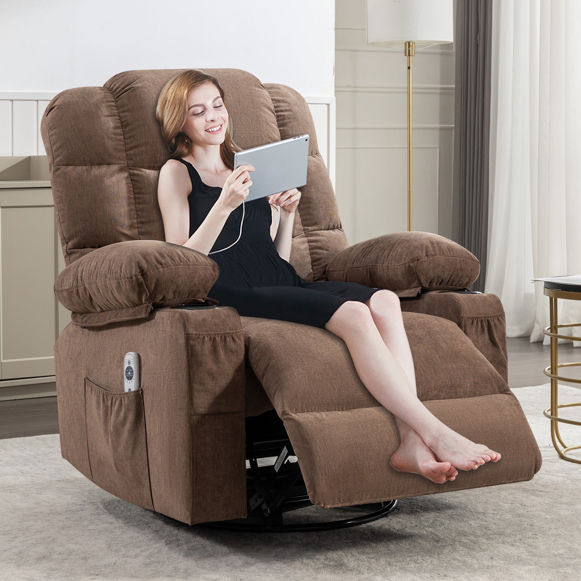 Massage Rocker Recliner Chair Rocking Chairs For Adults Oversized With 2 Cup Holders, Usb Charge Port Soft Features A Manual Massage And Heat. A B Brown Brown Soft Heavy Duty Foam Metal & Wood