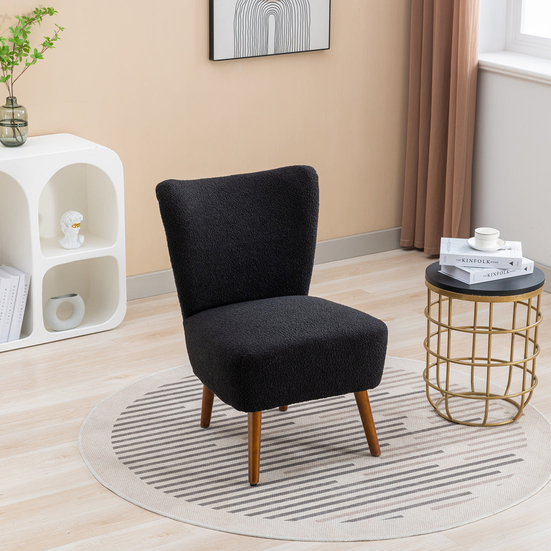 22.50''W Boucle Upholstered Armless Accent Chair Modern Slipper Chair, Cozy Curved Wingback Armchair, Corner Side Chair For Bedroom Living Room Office Cafe Lounge Hotel. Black Black Boucle