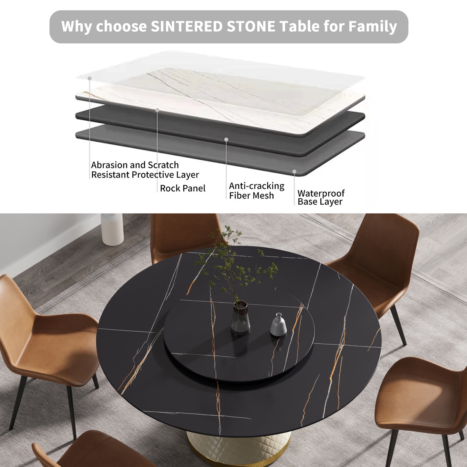 59.05"Modern Artificial Stone Round White Carbon Steel Base Dining Table Can Accommodate 6 People 31.5"Black Artificial Stone Turntable White Black Metal Marble