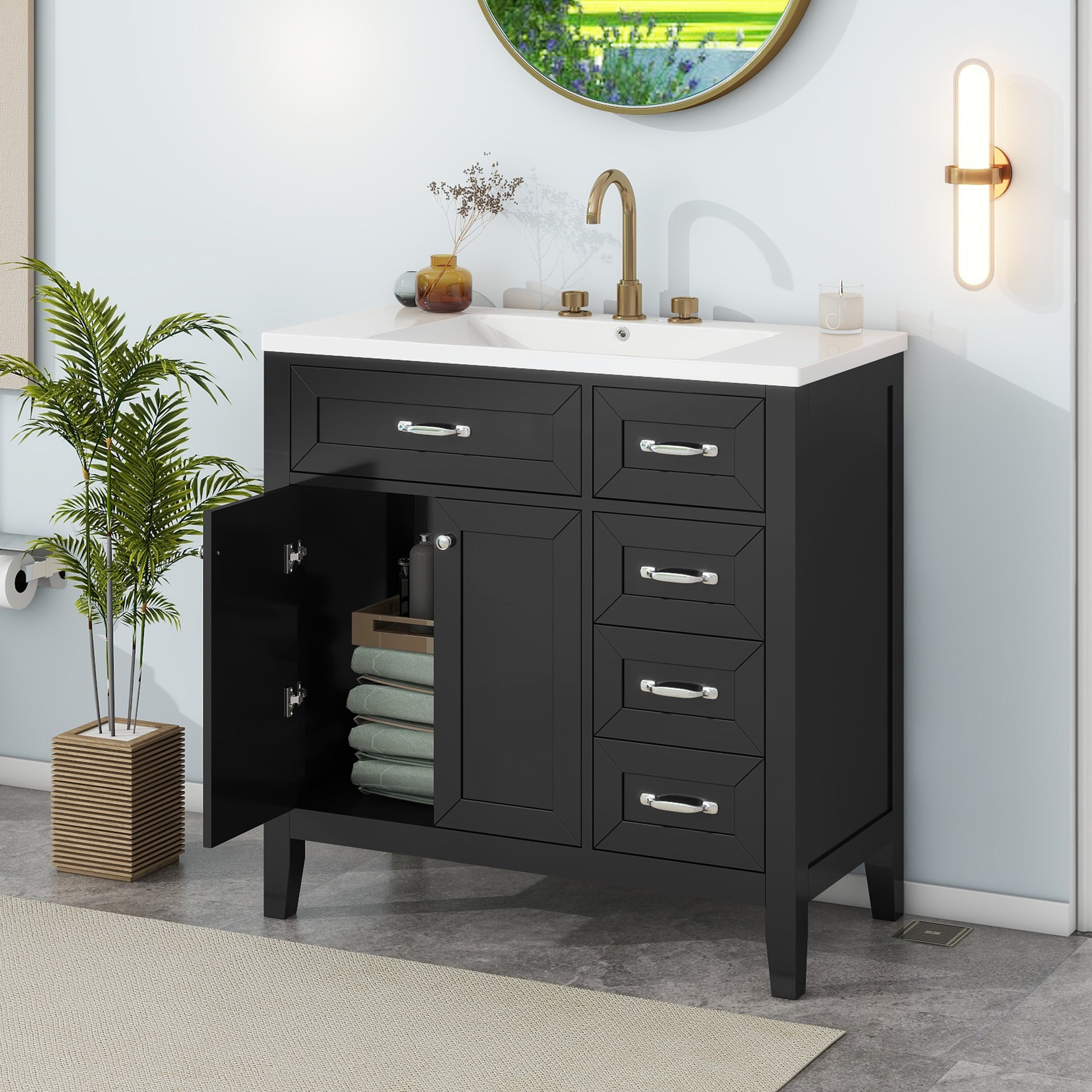 36" Bathroom Vanity With Sink Combo, Black Bathroom Cabinet With Drawers, Solid Frame And Mdf Board Black Solid Wood Mdf