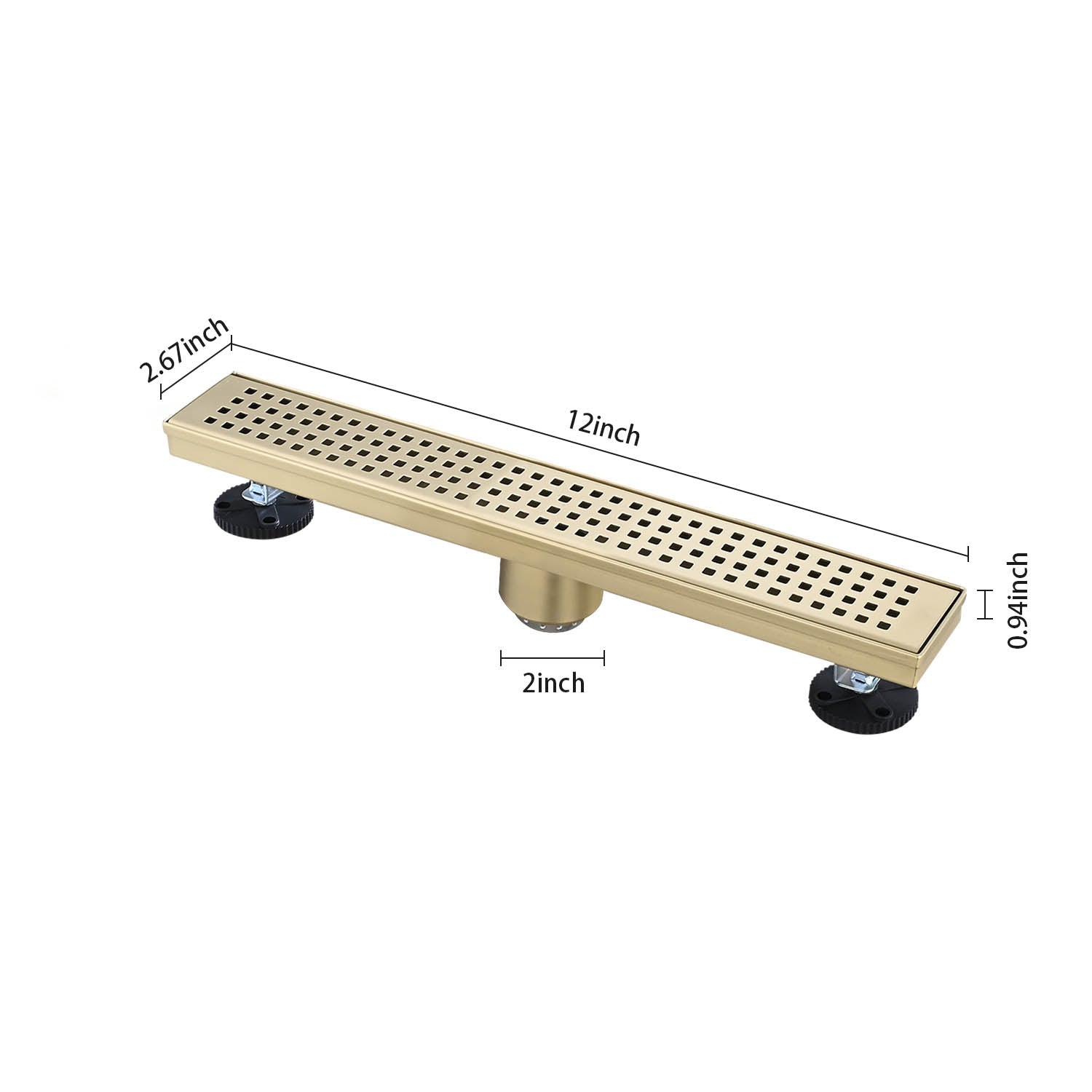 12 Inches Linear Shower Drain, Included Hair Strainer And Leveling Feet Brushed Gold Stainless Steel