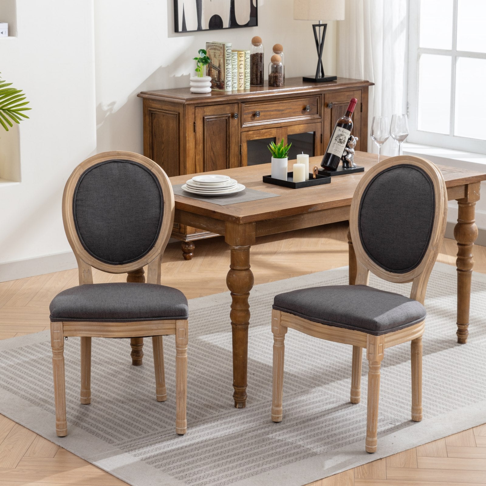 French Style Solid Wood Frame Antique Painting Linen Fabric Back Dining Chair,Set Of 2,Dark Gray,Sw1845Dg Dark Gray Dining Room French Rubberwood Foam Fabric