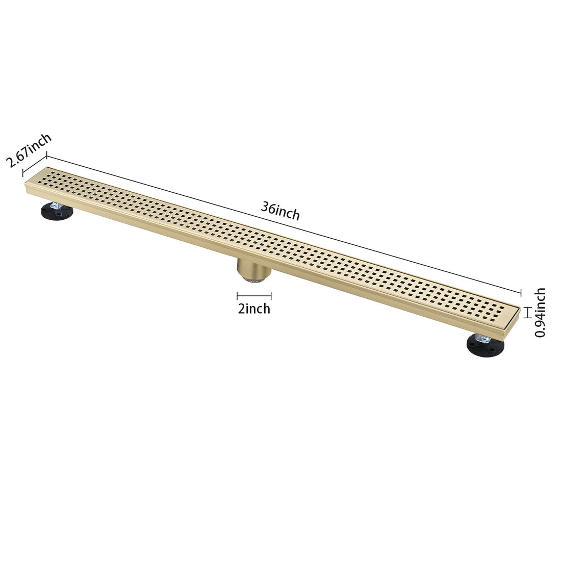 36 Inches Linear Shower Drain, Included Hair Strainer And Leveling Feet Brushed Gold Stainless Steel