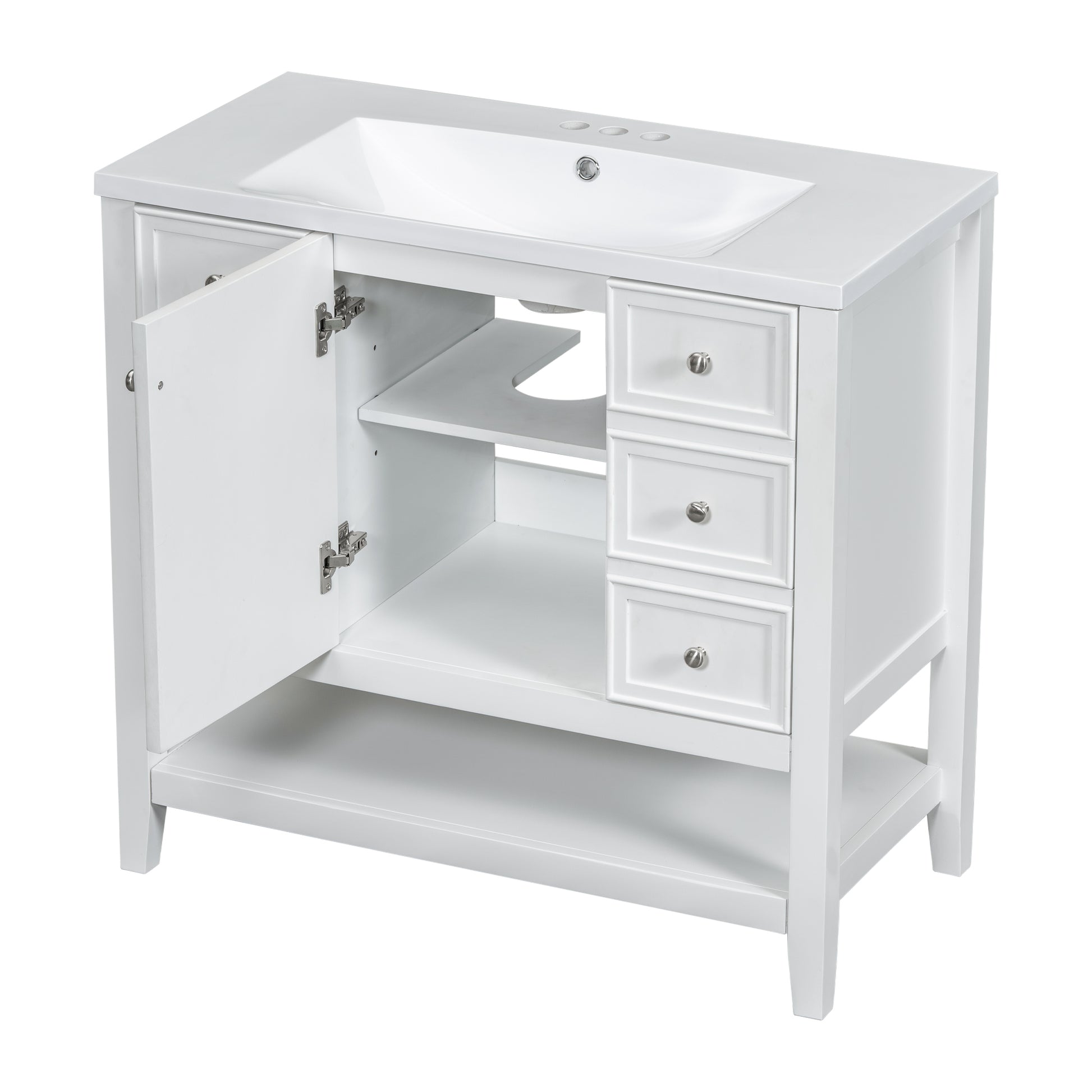 36" Bathroom Vanity With Sink Combo, One Cabinet And Three Drawers, Solid Wood And Mdf Board, White White Solid Wood Mdf