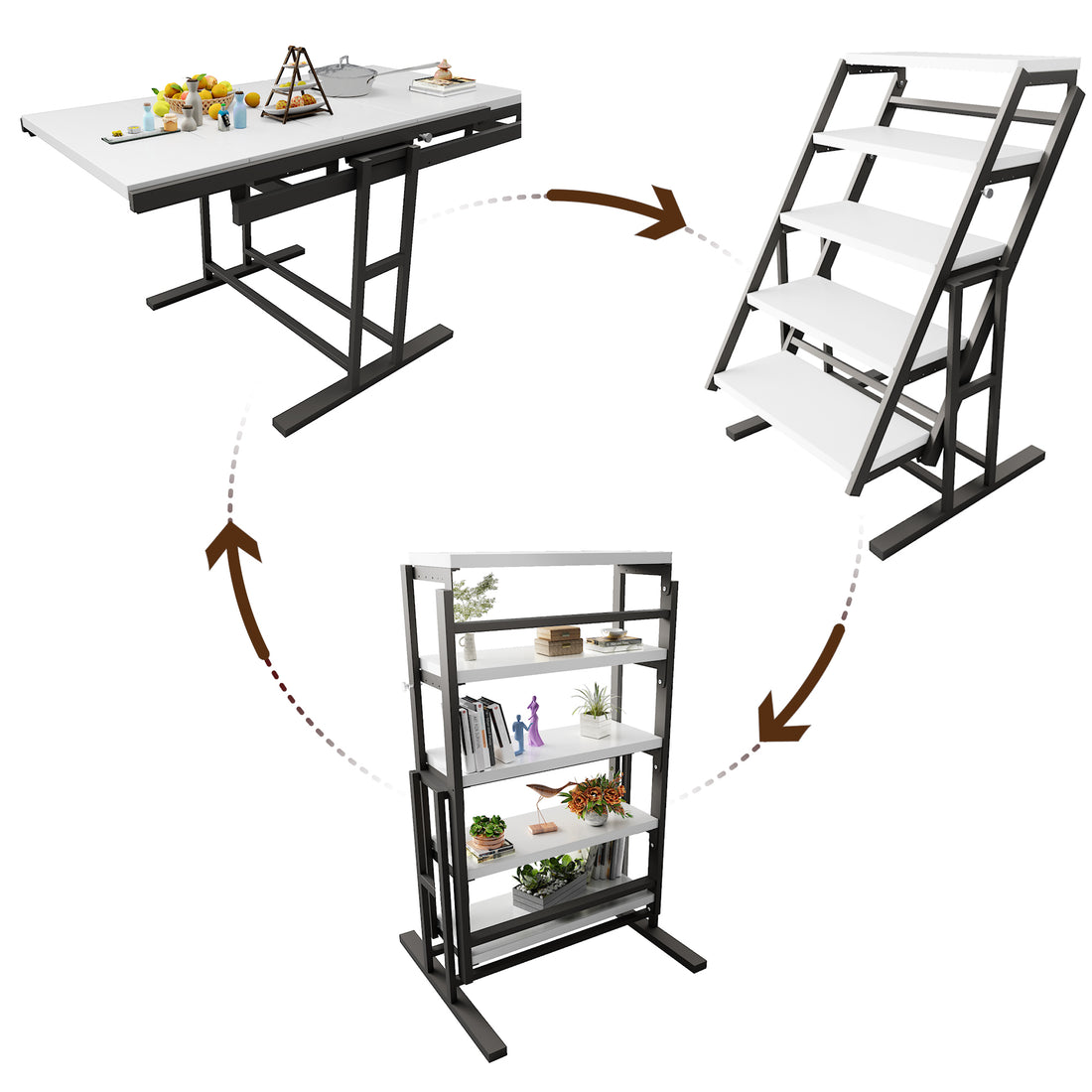 Solid Mahogany Wood Multifunction Convertible Dining Table,Free Switch Space Saving Table Shelf For Home And Studio, White Finish White Solid Wood