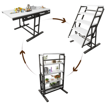Solid Mahogany Wood Multifunction Convertible Dining Table,Free Switch Space Saving Table Shelf For Home And Studio, White Finish White Solid Wood
