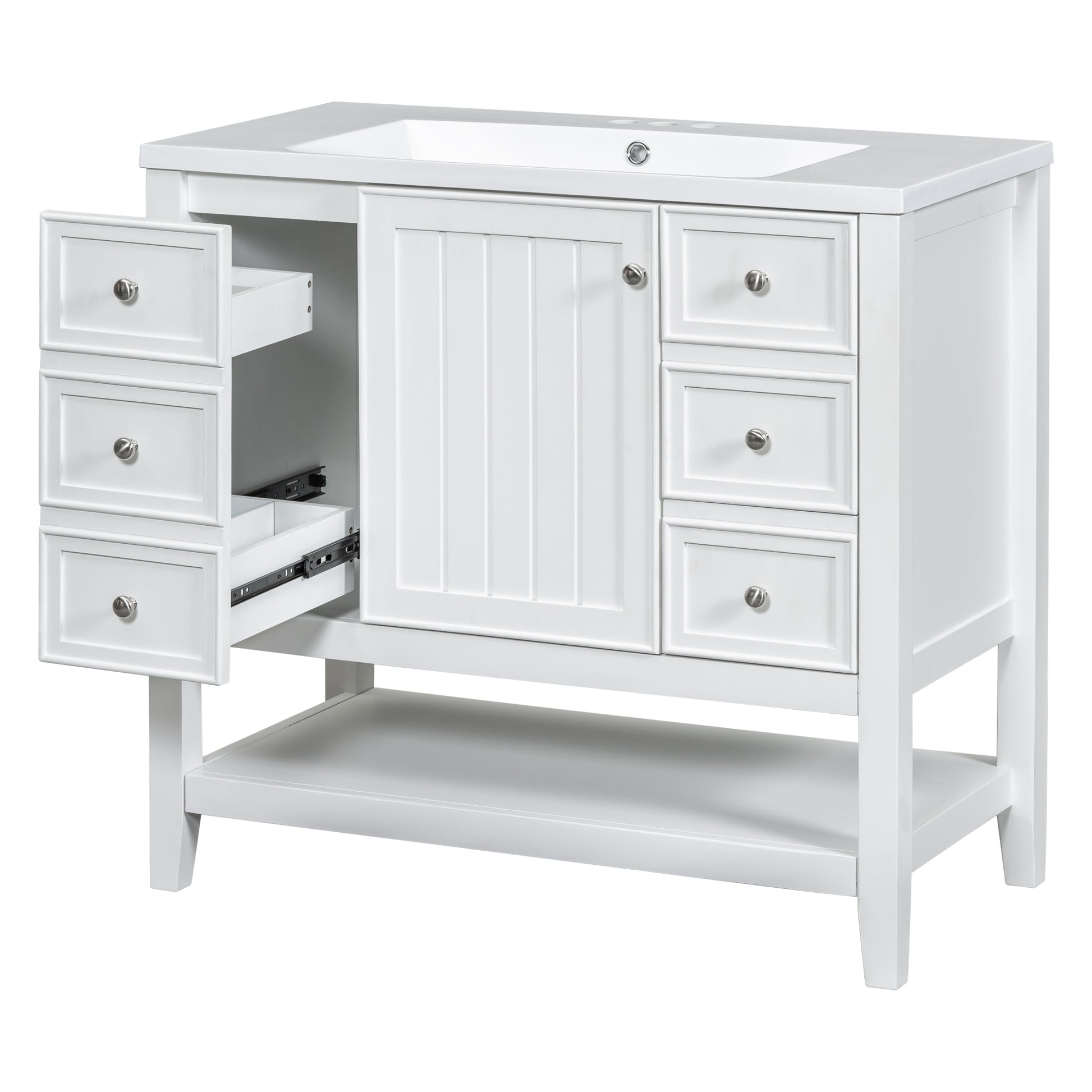 36" Bathroom Vanity With Sink Combo, One Cabinet And Three Drawers, Solid Wood And Mdf Board, White White Solid Wood Mdf