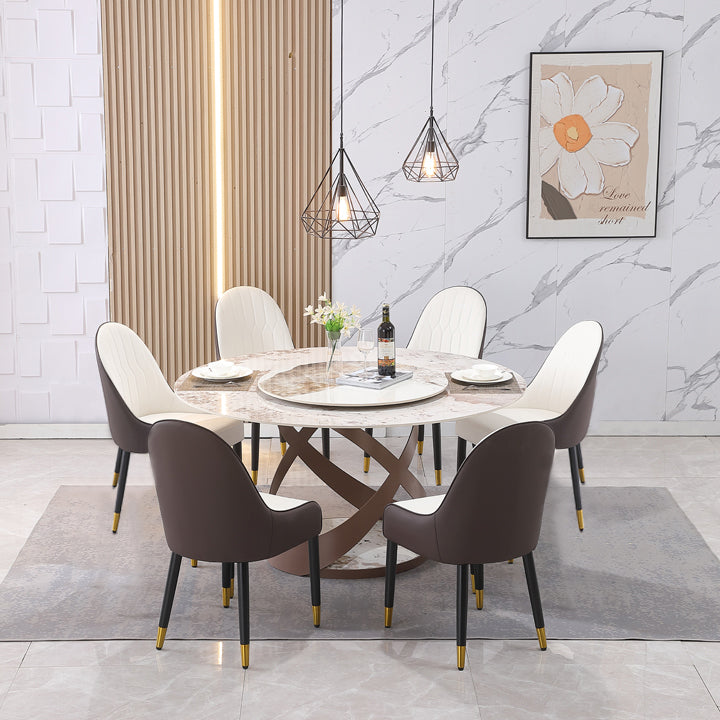 59.05"Modern Sintered Stone Dining Table With 31.5" Round Turntable And Metal Exquisite Pedestal With 6Pcs Chairs . Black Brown Sintered Stone