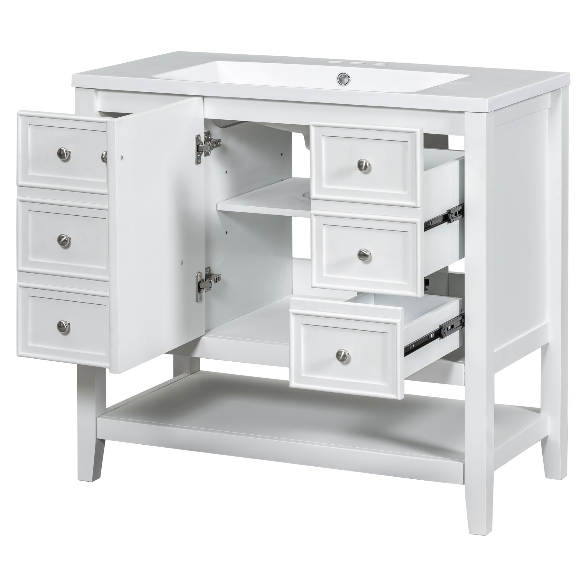 36" Bathroom Vanity With Sink Combo, One Cabinet And Three Drawers, Solid Wood And Mdf Board, White White Solid Wood Mdf