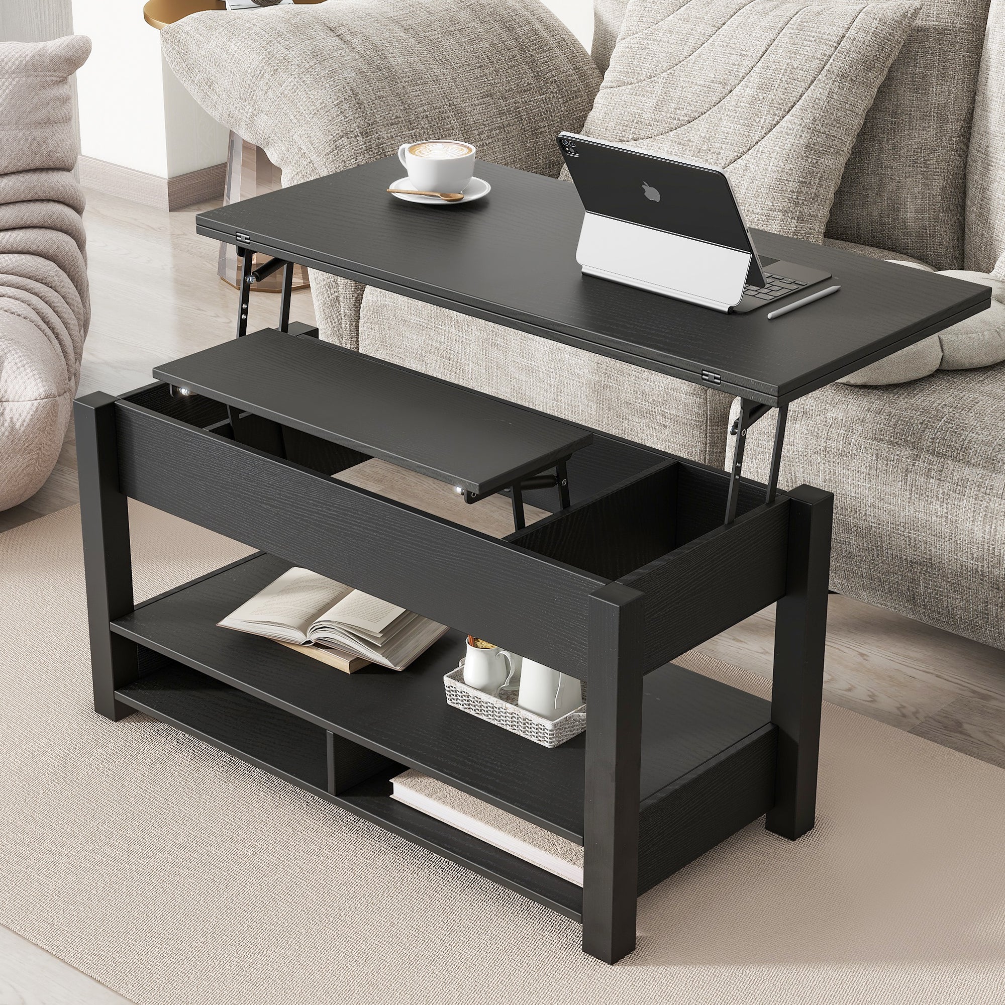 Lift Top Coffee Table, Multi Functional Coffee Table With Open Shelves, Modern Lift Tabletop Dining Table For Living Room, Home Office, Black Black Primary Living Space Particle Board