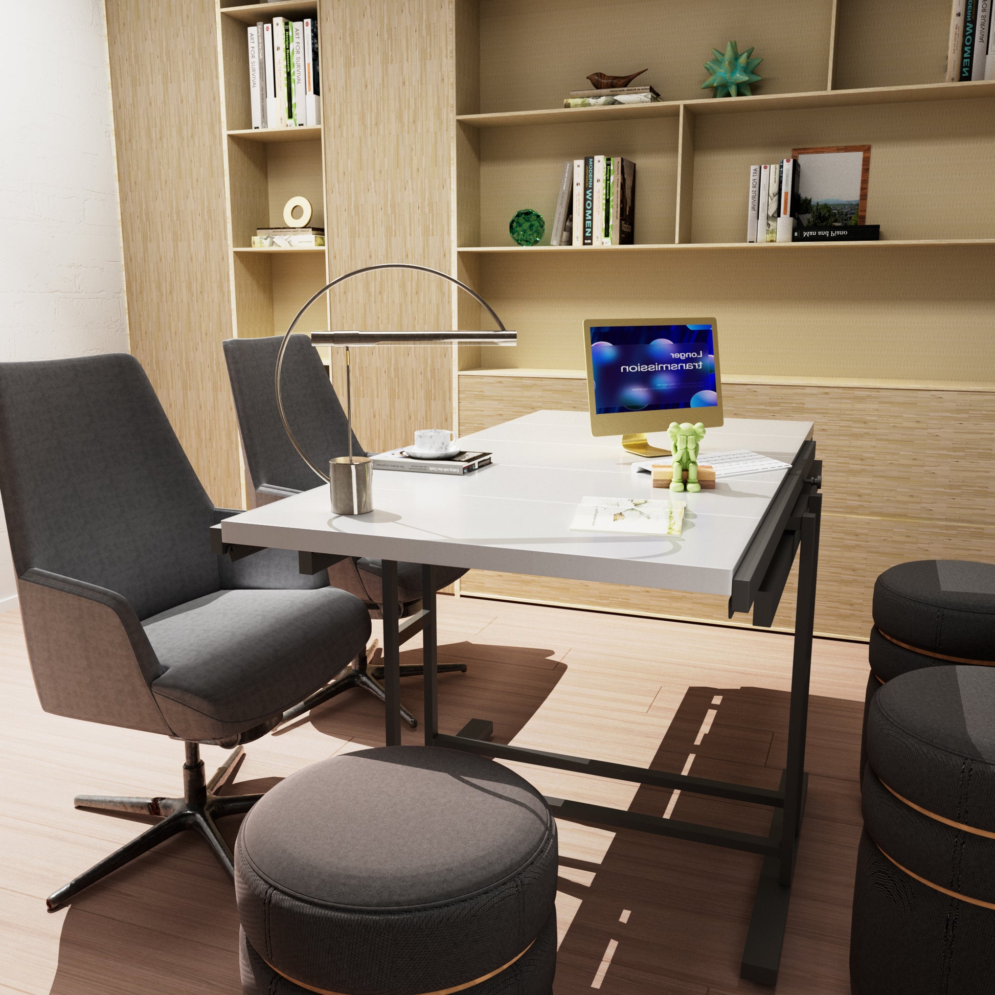 Solid Mahogany Wood Multifunction Convertible Dining Table,Free Switch Space Saving Table Shelf For Home And Studio, White Finish White Solid Wood