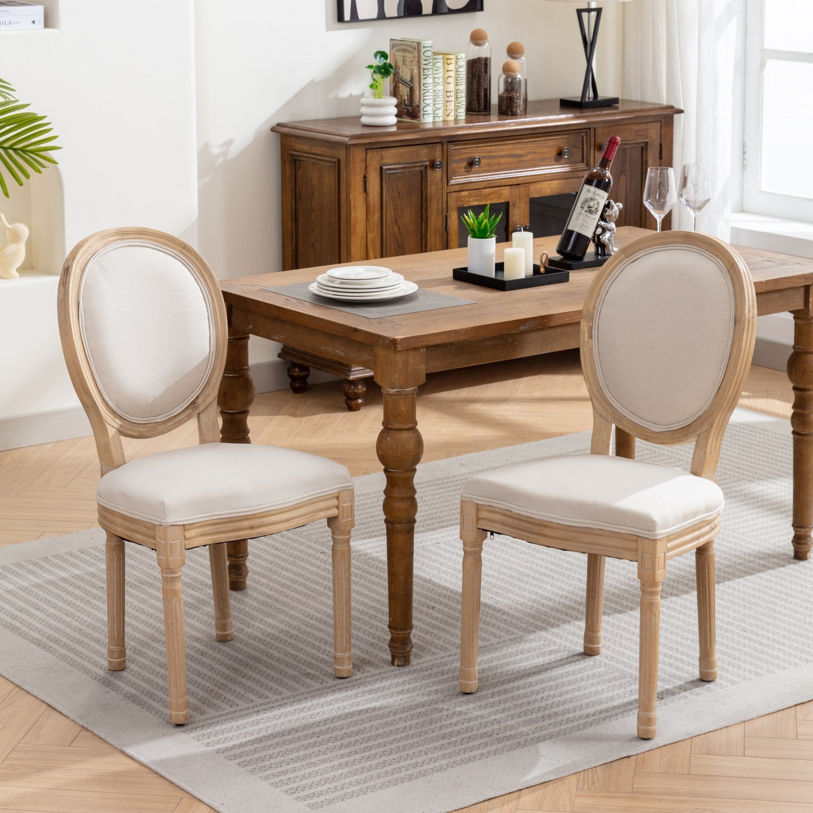 French Style Solid Wood Frame Antique Painting Linen Fabric Back Dining Chair,Set Of 2,Beige,Sw1845Bg Beige Dining Room American Design,French,French Country Rubberwood Foam Fabric