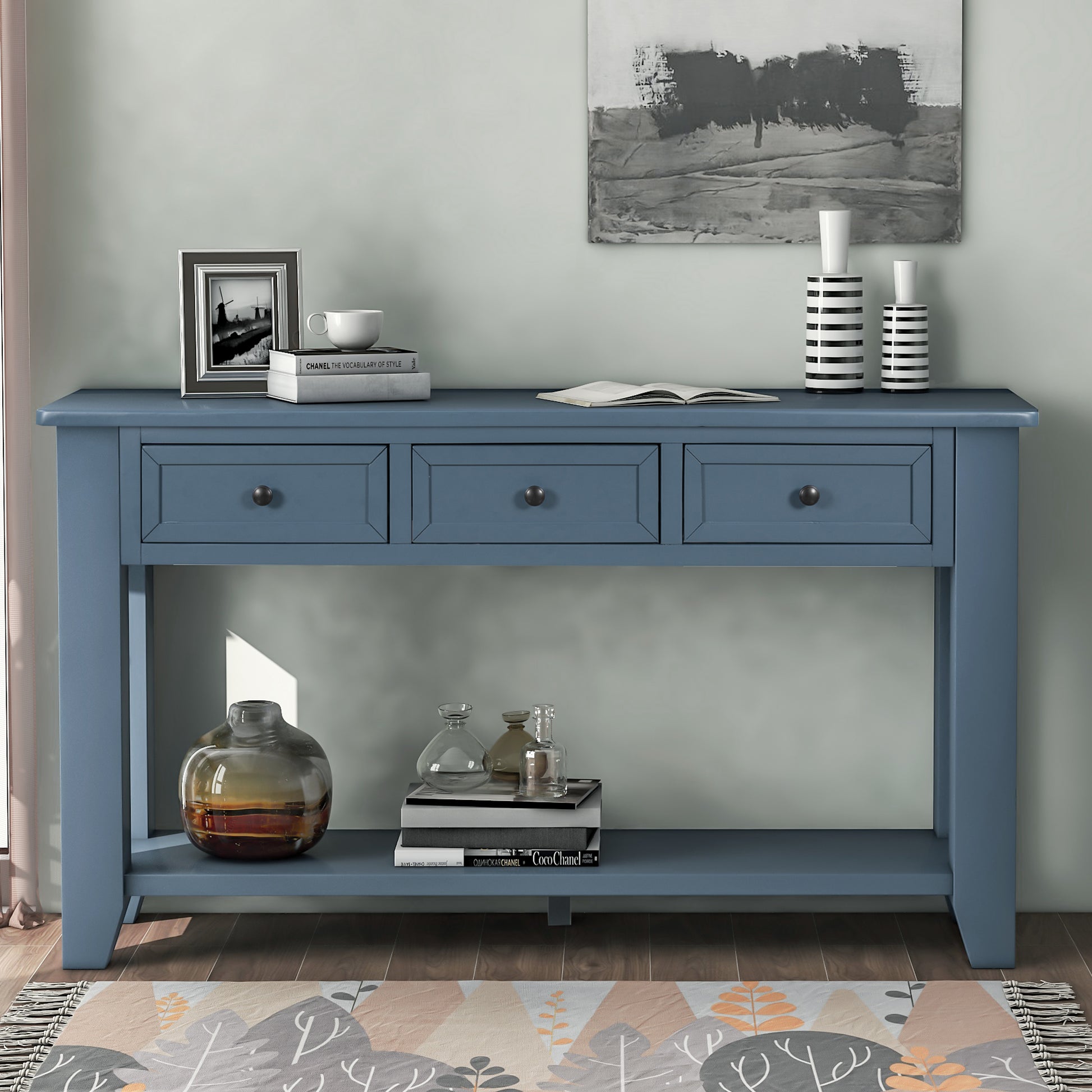 55'' Modern Console Table Sofa Table For Living Room With 3 Drawers And 1 Shelf As Same As Wf299185Aac Blue Solid Wood