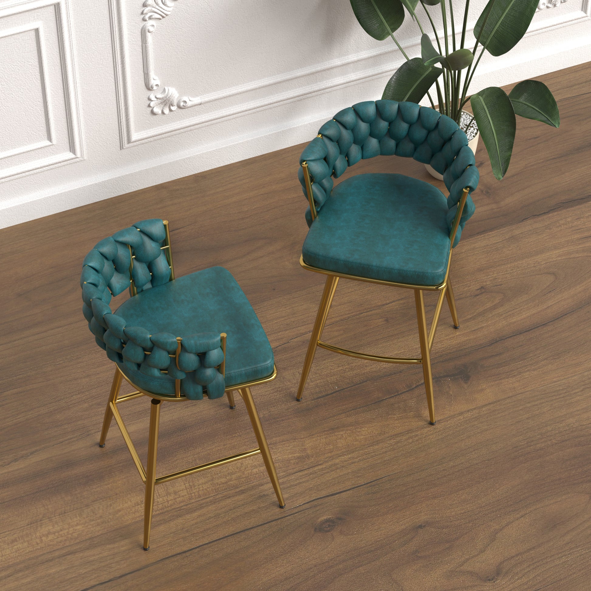 Bar Chair Suede Woven Bar Stool Set Of 2,Golden Legs Barstools No Adjustable Kitchen Island Chairs,360 Swivel Bar Stools Upholstered Bar Chair Counter Stool Arm Chairs With Back Footrest, Blue Metal Blue Kitchen Dining Chairs Foam Technical Leather