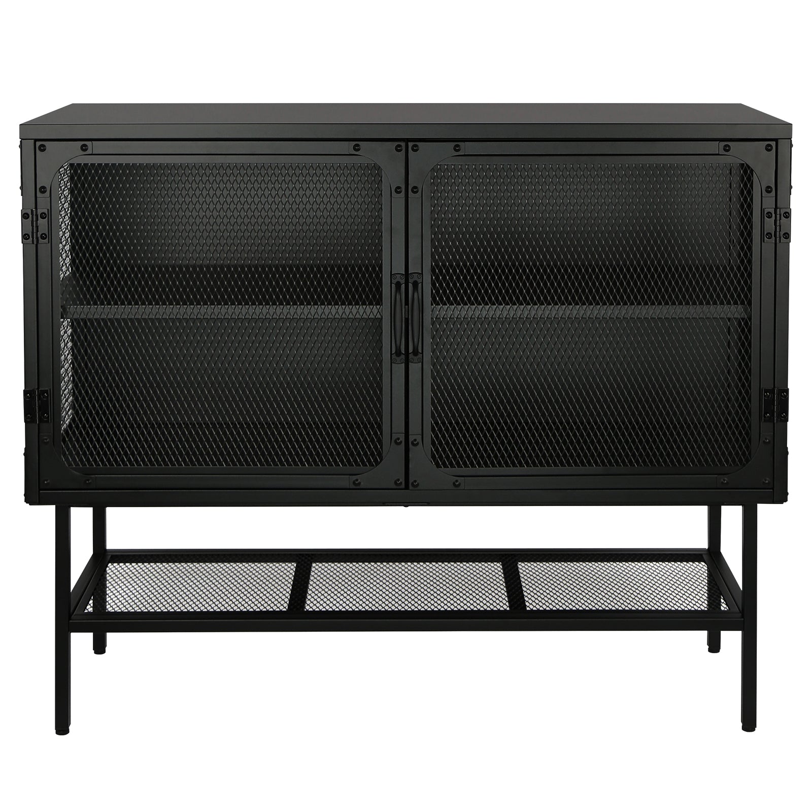 Industrial Double Door Cabinet Console Table With 2 Mesh Doors Adjustable Shelf And Feet Bottom Shelf Anti Tip Dust Free Kitchen Credenza Sideboard Frosted Black Black Steel