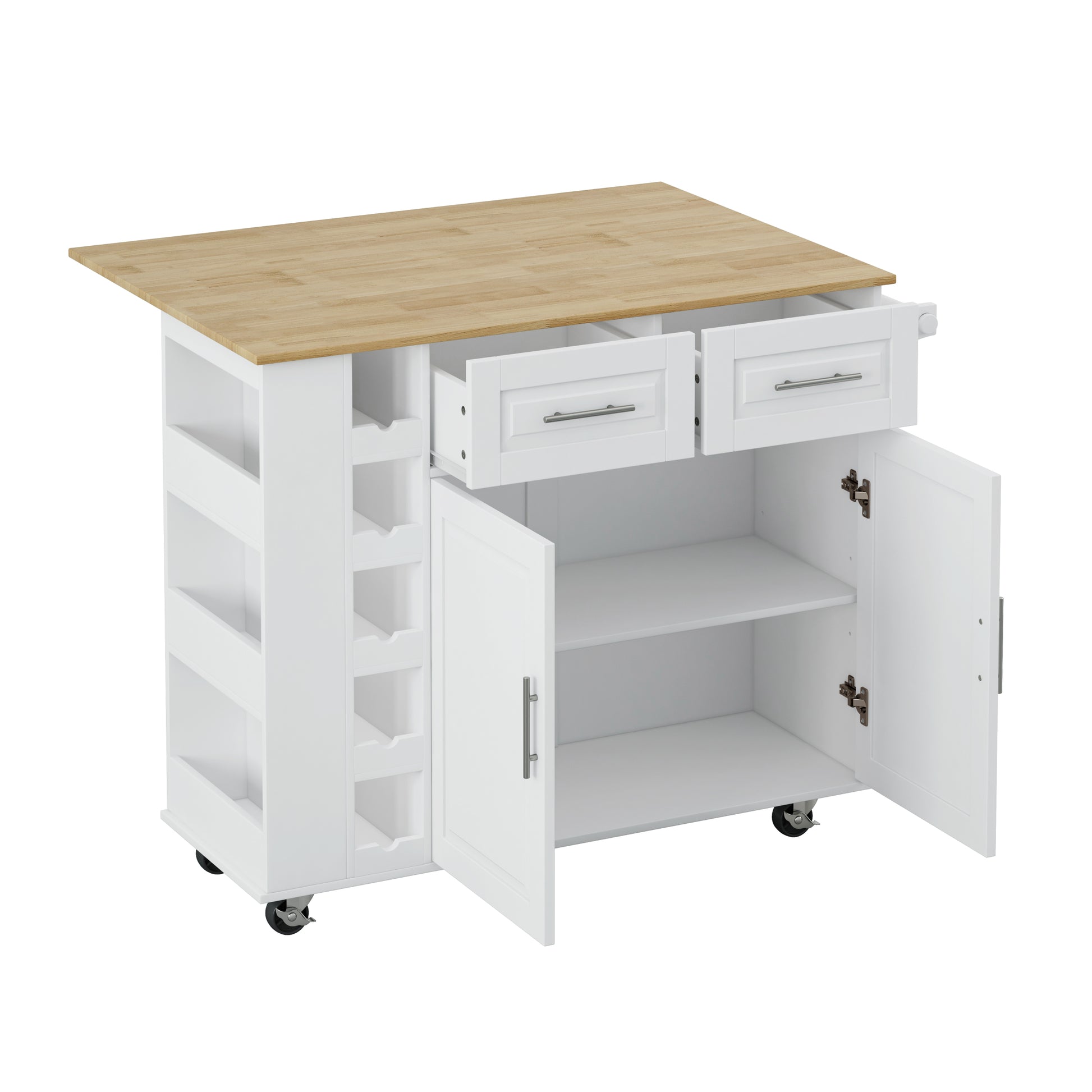 Multi Functional Kitchen Island Cart With 2 Door Cabinet And Two Drawers,Spice Rack, Towel Holder, Wine Rack, And Foldable Rubberwood Table Top White White Mdf