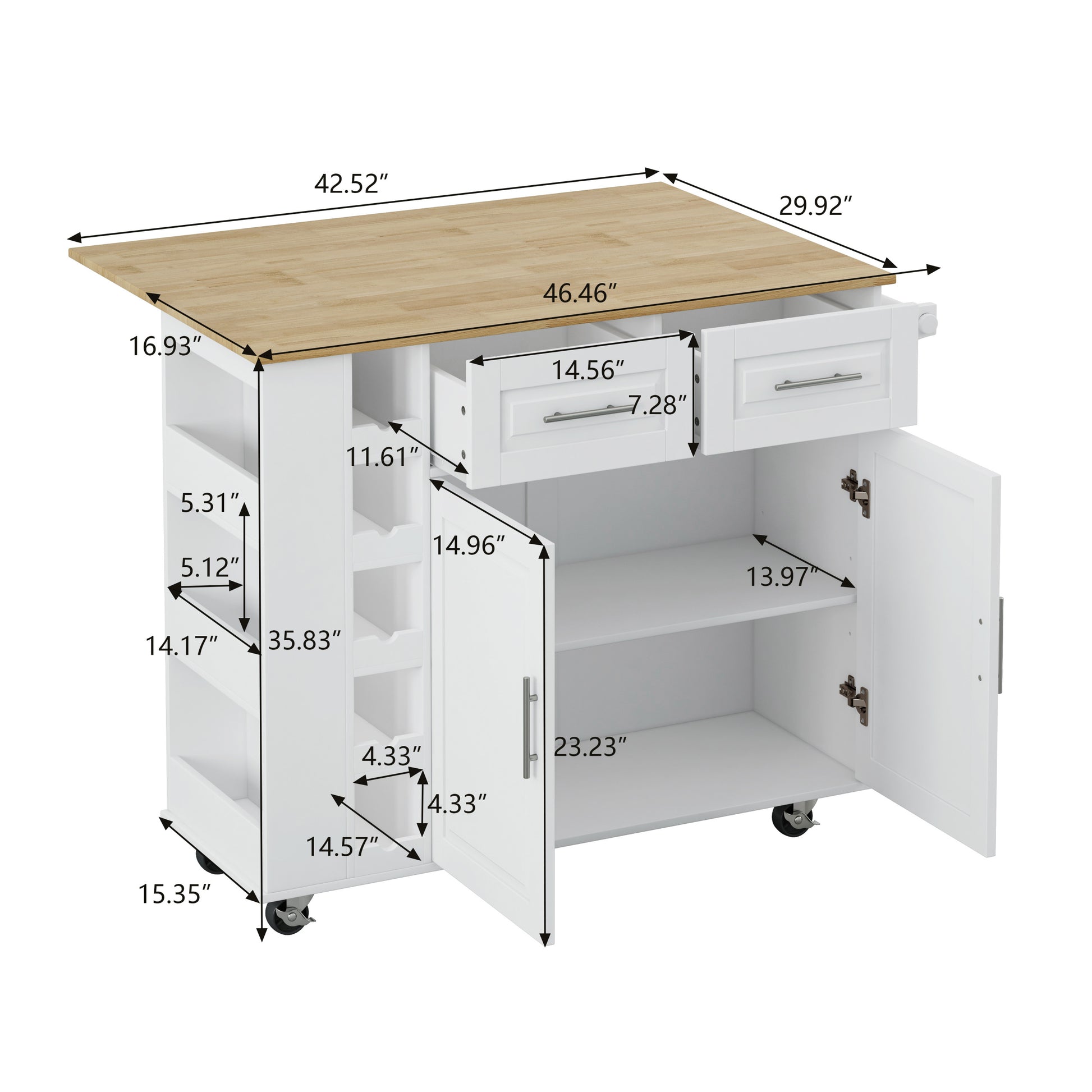 Multi Functional Kitchen Island Cart With 2 Door Cabinet And Two Drawers,Spice Rack, Towel Holder, Wine Rack, And Foldable Rubberwood Table Top White White Mdf