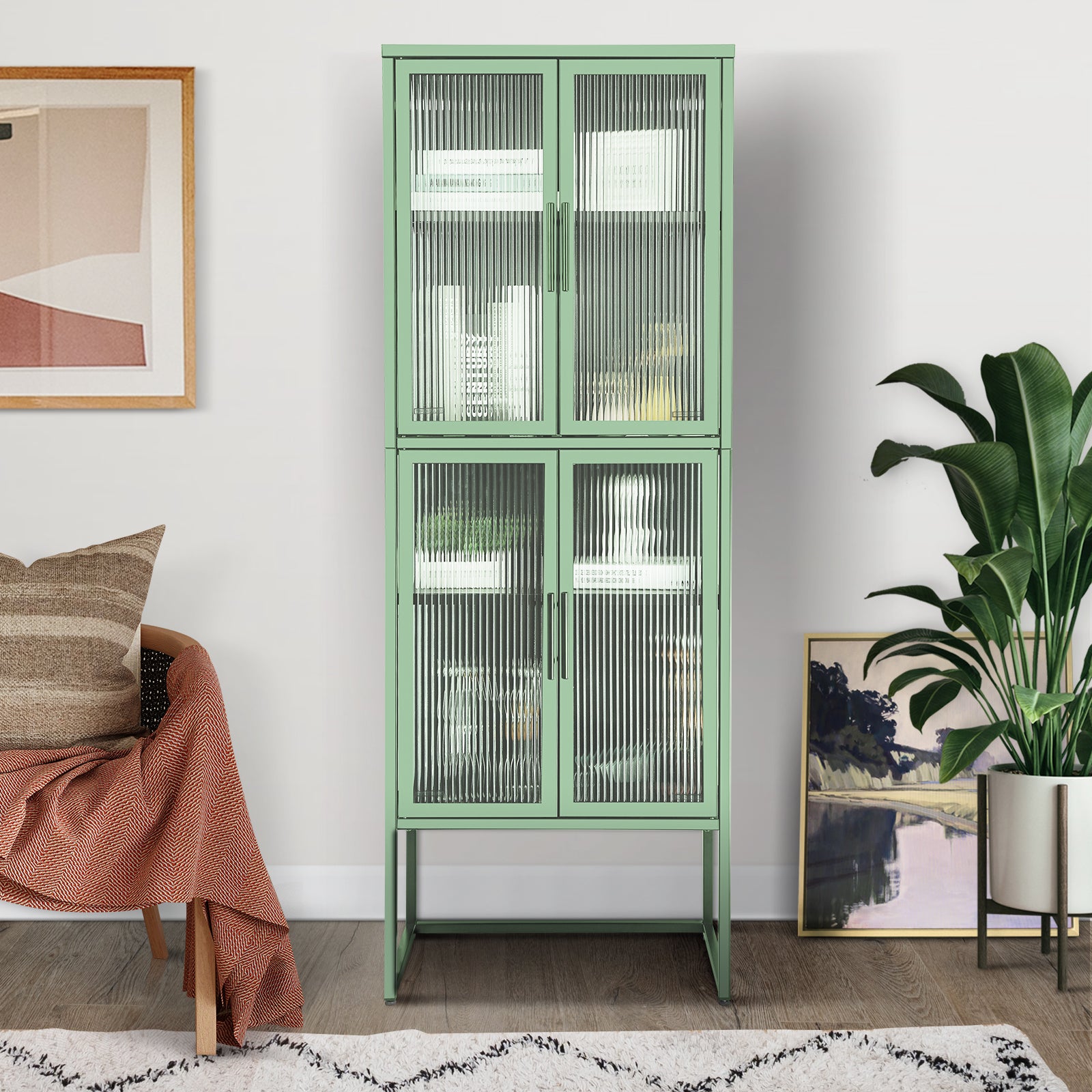 Stylish 4 Door Tempered Glass Cabinet With 4 Glass Doors Adjustable Shelves U Shaped Leg Anti Tip Dust Free Fluted Glass Kitchen Credenza Light Green Mint Green Tempered Glass Sheet Metal Plastic