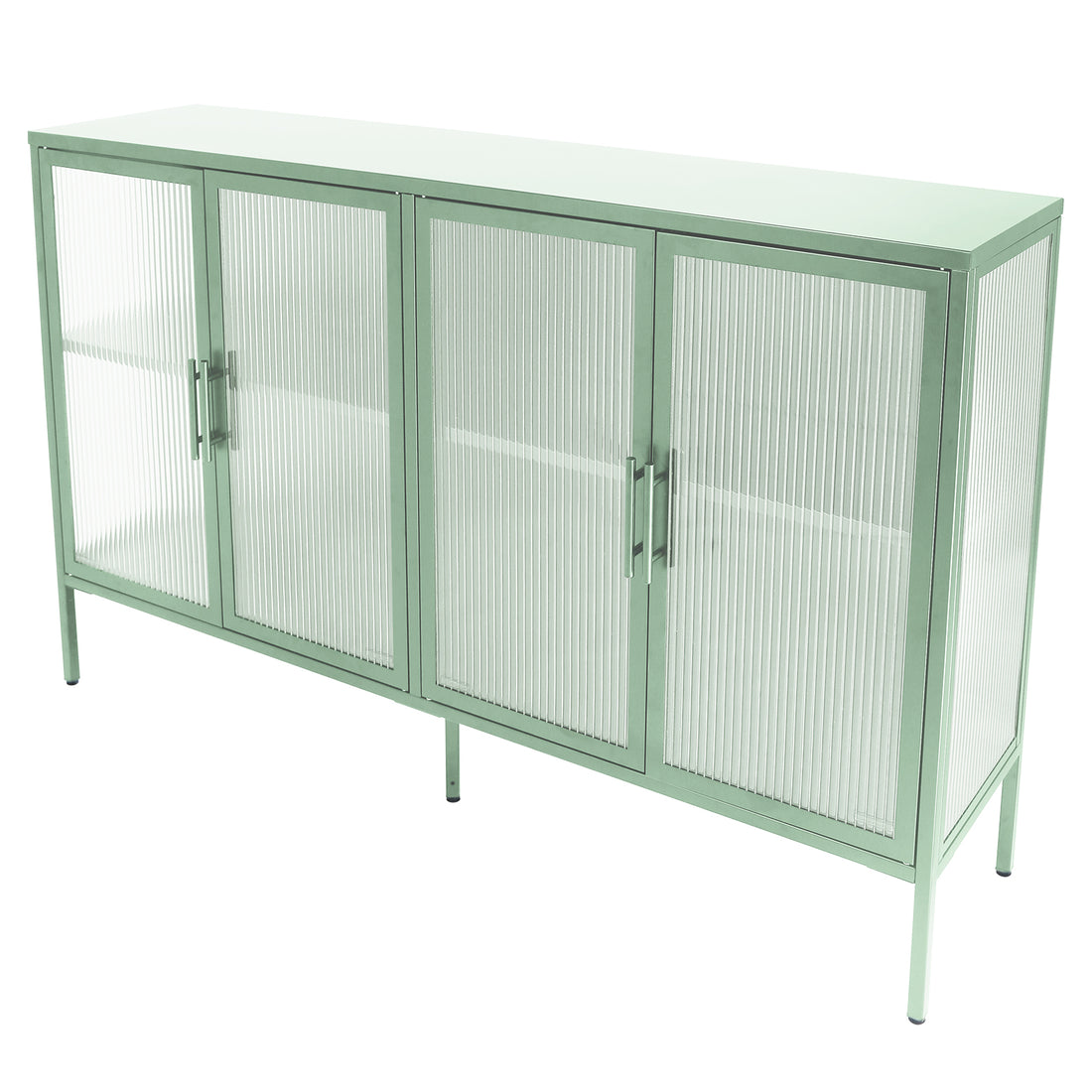 Stylish 4 Door Tempered Glass Cabinet With 4 Glass Doors Adjustable Shelf And Feet Anti Tip Dust Free Fluted Glass Kitchen Credenza Light Green Mint Green Tempered Glass Sheet Metal Plastic