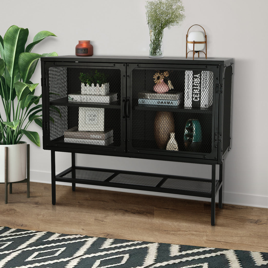 Industrial Double Door Cabinet Console Table With 2 Mesh Doors Adjustable Shelf And Feet Bottom Shelf Anti Tip Dust Free Kitchen Credenza Sideboard Frosted Black Black Steel