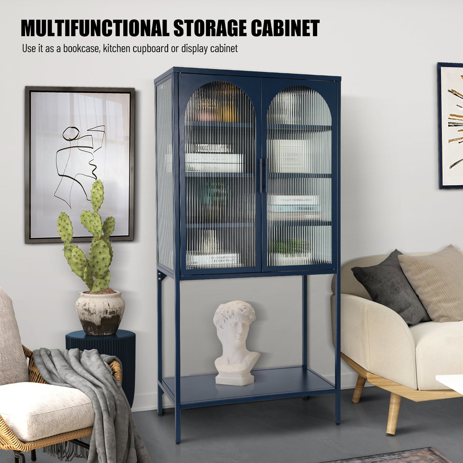Elegant Floor Cabinet With 2 Glass Arched Doors