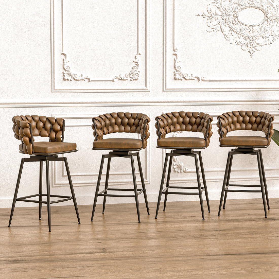 Technical Leather Woven Bar Stool Set Of 4,Black Legs Barstools No Adjustable Kitchen Island Chairs,360 Swivel Bar Stools Upholstered Bar Chair Counter Stool Arm Chairs With Back Footrest, Brown Metal Brown Kitchen Dining Chairs Foam Technical Leather