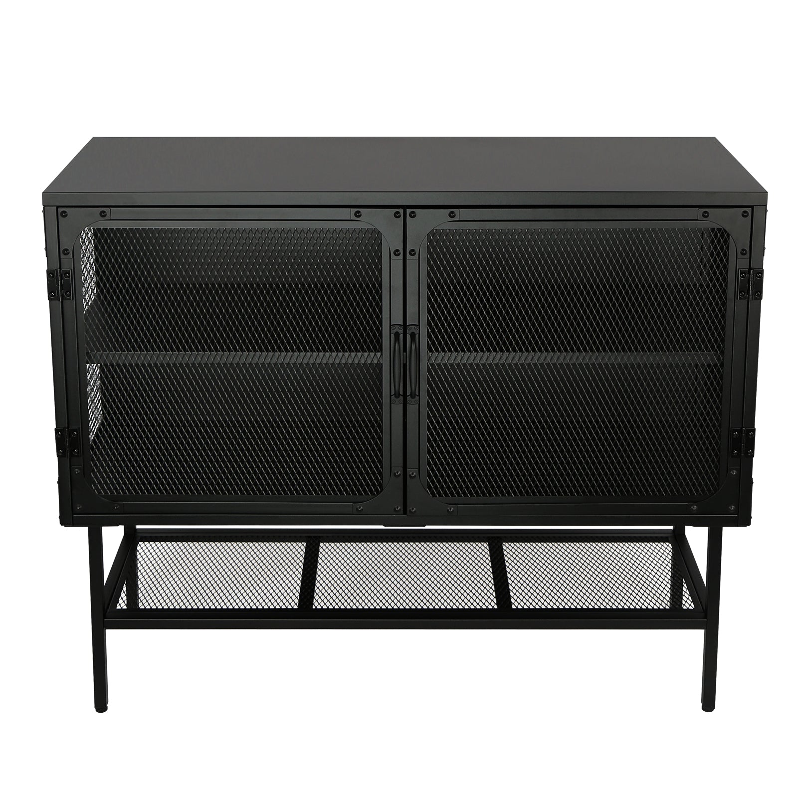 Industrial Double Door Cabinet Console Table With 2 Mesh Doors Adjustable Shelf And Feet Bottom Shelf Anti Tip Dust Free Kitchen Credenza Sideboard Frosted Black Black Steel