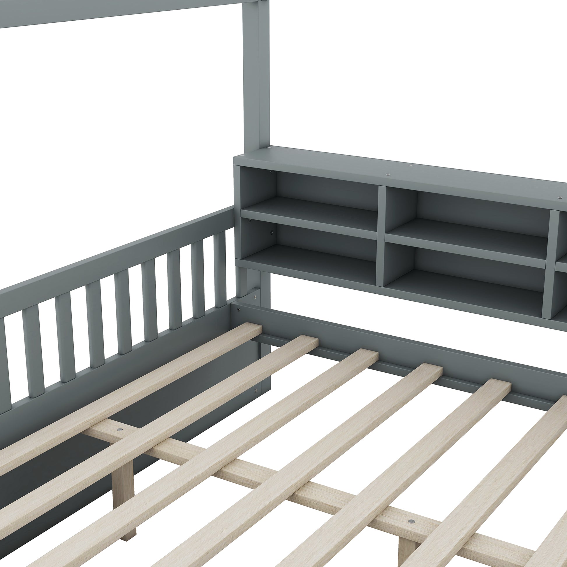 Full Size Wooden House Bed With Shelves And A Mini Cabinet, Gray Box Spring Not Required Gray Wood Bedroom Pine Bed Frame Wood