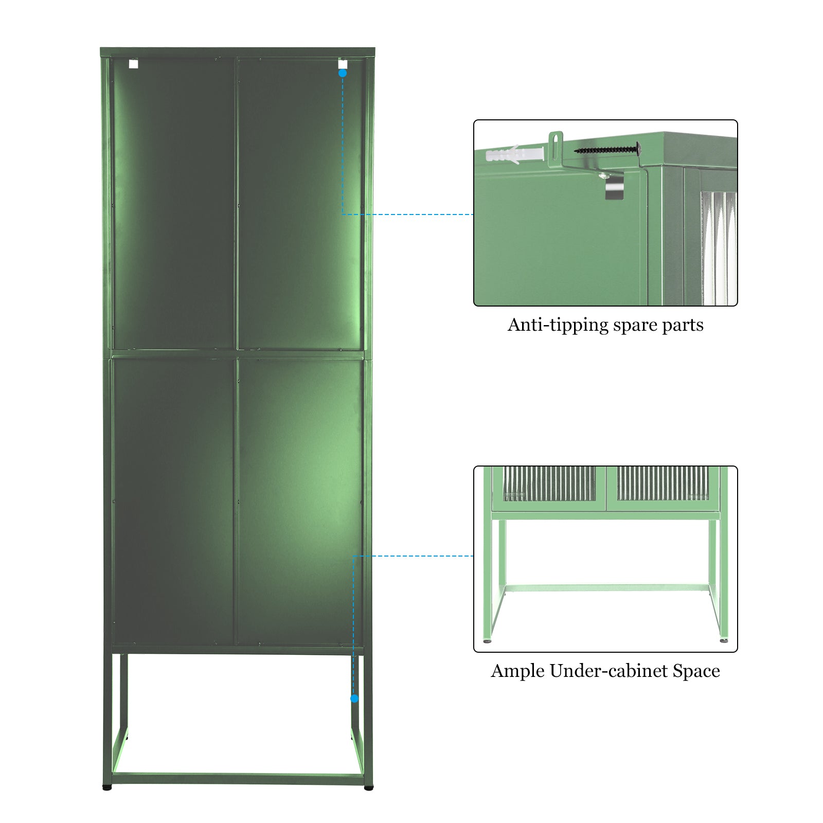 Stylish 4 Door Tempered Glass Cabinet With 4 Glass Doors Adjustable Shelves U Shaped Leg Anti Tip Dust Free Fluted Glass Kitchen Credenza Light Green Mint Green Tempered Glass Sheet Metal Plastic