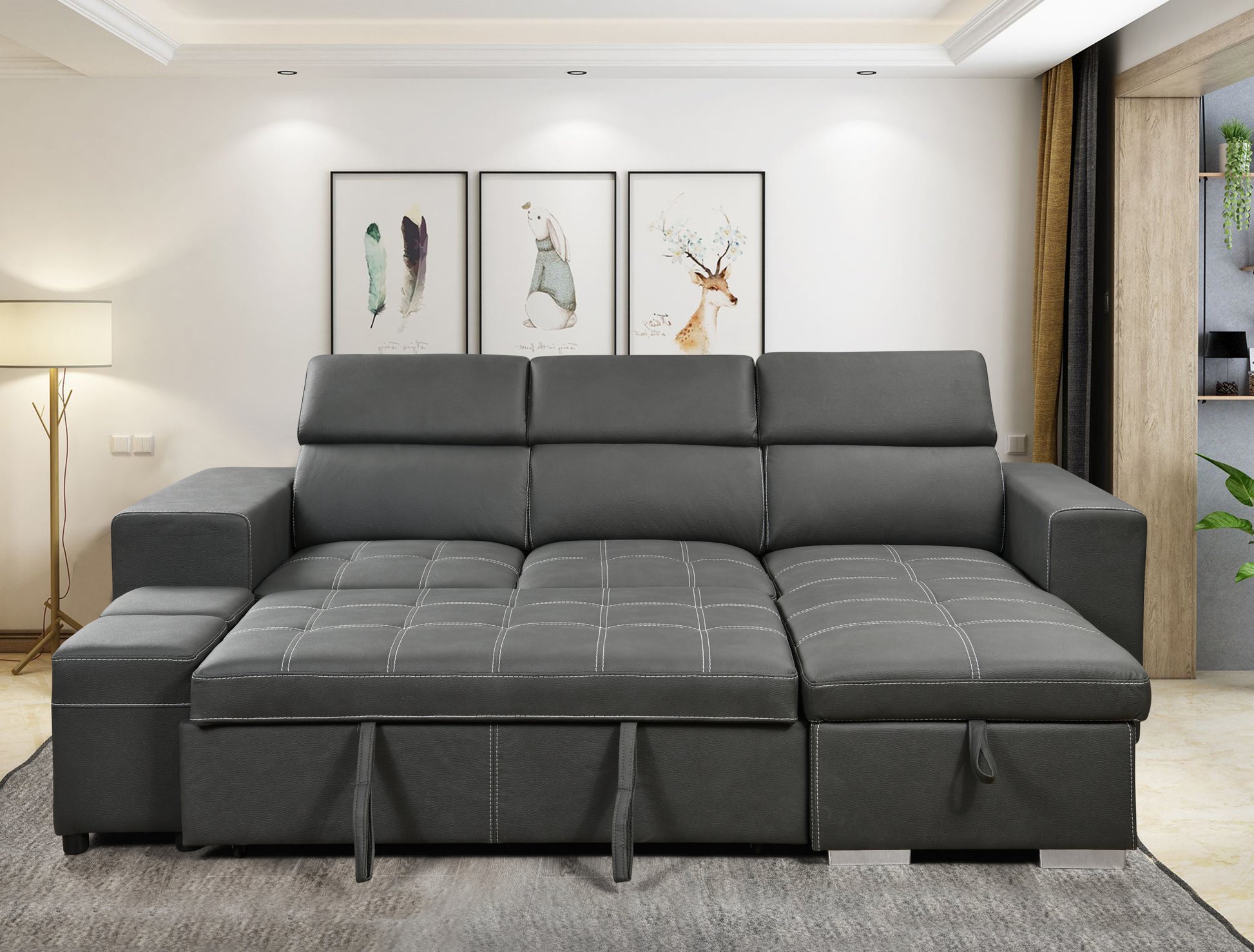 105 Inch Reversible Sectional Sofa With Storage Chaise And 2 Stools, With Adjustable Headrest, Sleeper Contemporary Corner Sectional With Pull Out Sleeper And Chaisecharcoal Grey Gray Microfiber Wood Primary Living Space Soft Pillow Back Modern