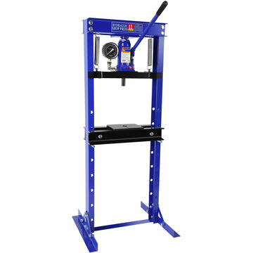 Steel H Frame Hydraulic Shop Press With Stamping Plates To Bend, Straighten, Or Press Parts, With A Pressure Gauge, Install Bearings And U Joints, 12 Ton 24,000 Lb Capacity Blue Steel