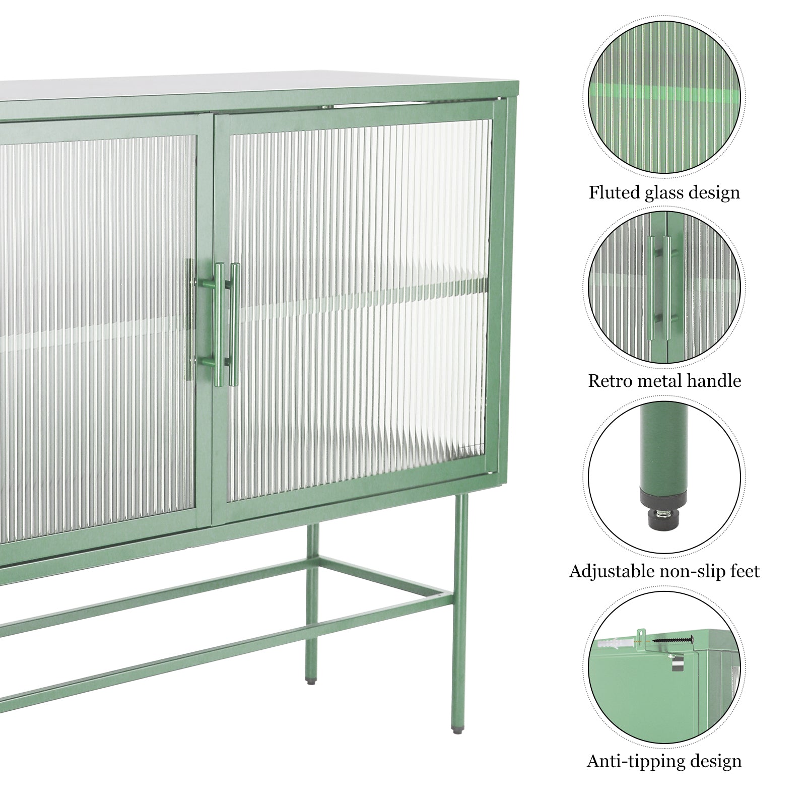 Double Door Tempered Glass Sideboard Console Table With 2 Fluted Glass Doors Adjustable Shelf And Feet Anti Tip Dust Free Kitchen Credenza Cabinet Light Green Mint Green Tempered Glass Sheet Metal Plastic