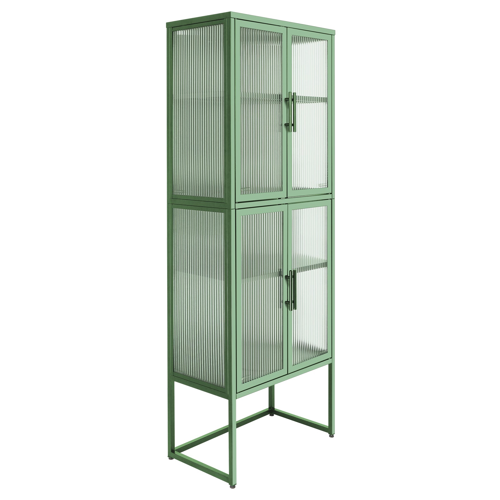 Stylish 4 Door Tempered Glass Cabinet With 4 Glass Doors Adjustable Shelves U Shaped Leg Anti Tip Dust Free Fluted Glass Kitchen Credenza Light Green Mint Green Tempered Glass Sheet Metal Plastic