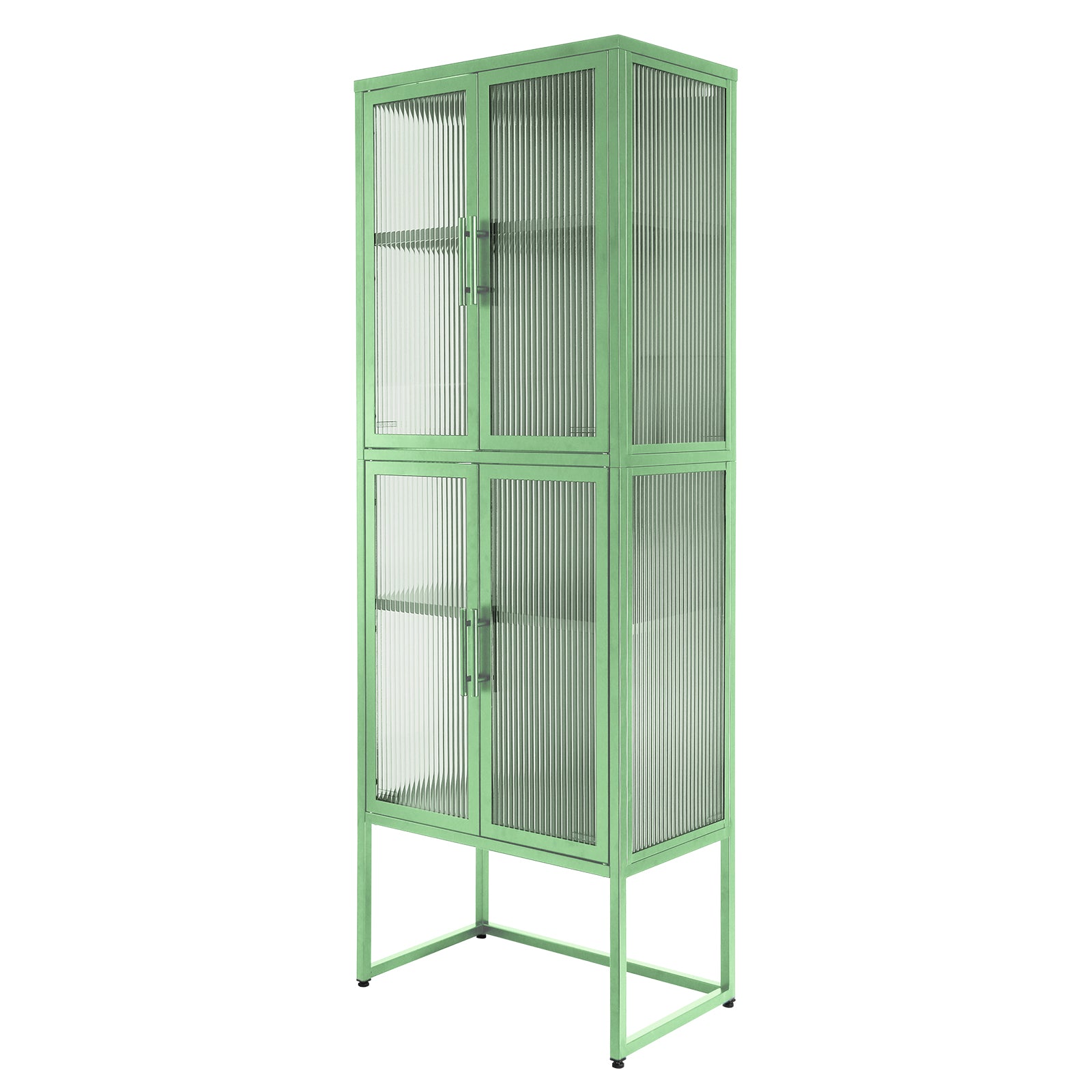 Stylish 4 Door Tempered Glass Cabinet With 4 Glass Doors Adjustable Shelves U Shaped Leg Anti Tip Dust Free Fluted Glass Kitchen Credenza Light Green Mint Green Tempered Glass Sheet Metal Plastic