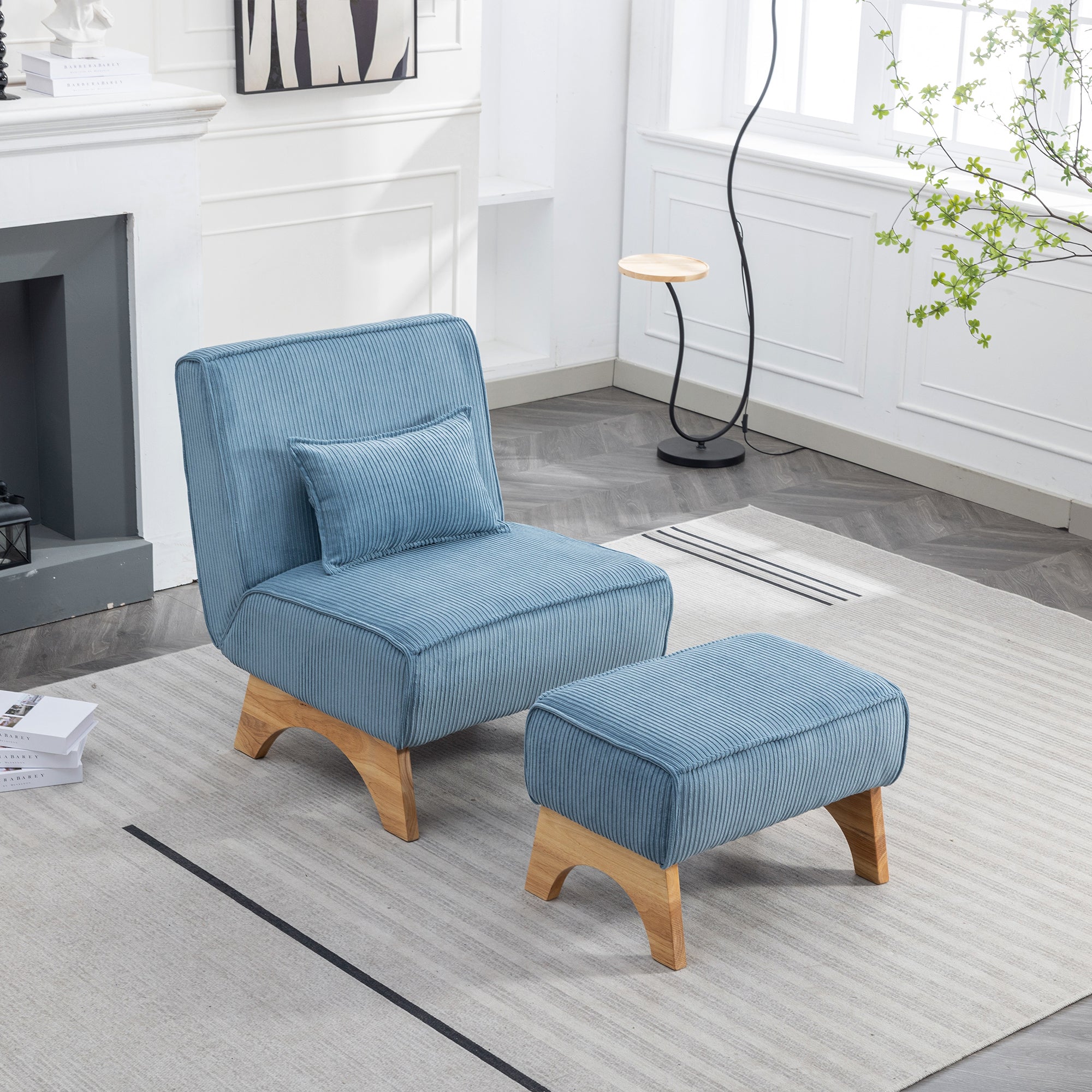 29.13" Wide Accent Chair with Ottoman lounge Armless blue-corduroy