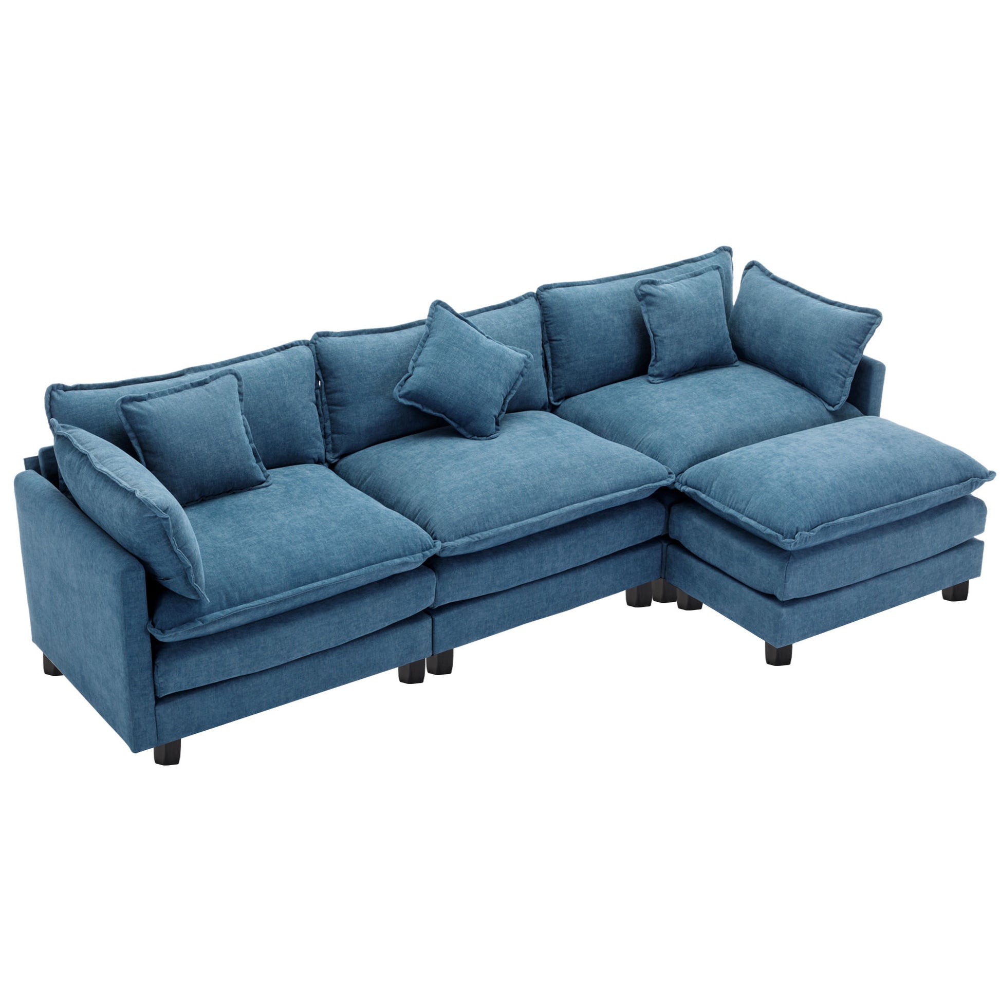 112.2" L Shape Chenille Upholstered Sofa For Living Room Modern Luxury Sofa Couch With Ottoman, 5 Pillows, Blue Blue Foam 4 Seat