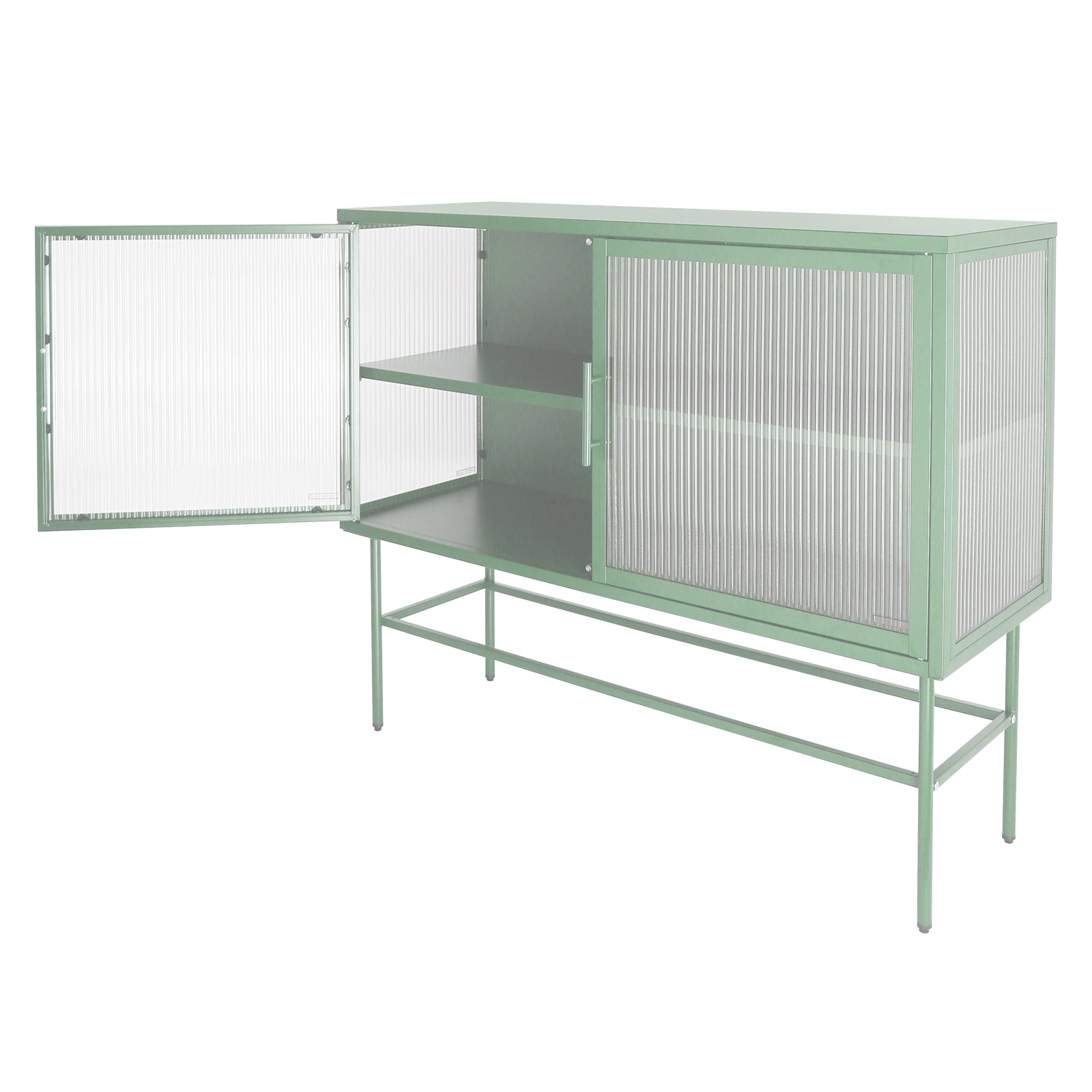 Double Door Tempered Glass Sideboard Console Table With 2 Fluted Glass Doors Adjustable Shelf And Feet Anti Tip Dust Free Kitchen Credenza Cabinet Light Green Mint Green Tempered Glass Sheet Metal Plastic