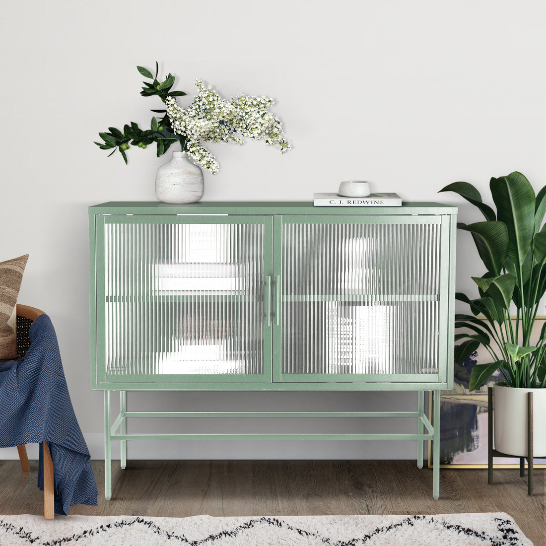 Double Door Tempered Glass Sideboard Console Table With 2 Fluted Glass Doors Adjustable Shelf And Feet Anti Tip Dust Free Kitchen Credenza Cabinet Light Green Mint Green Tempered Glass Sheet Metal Plastic