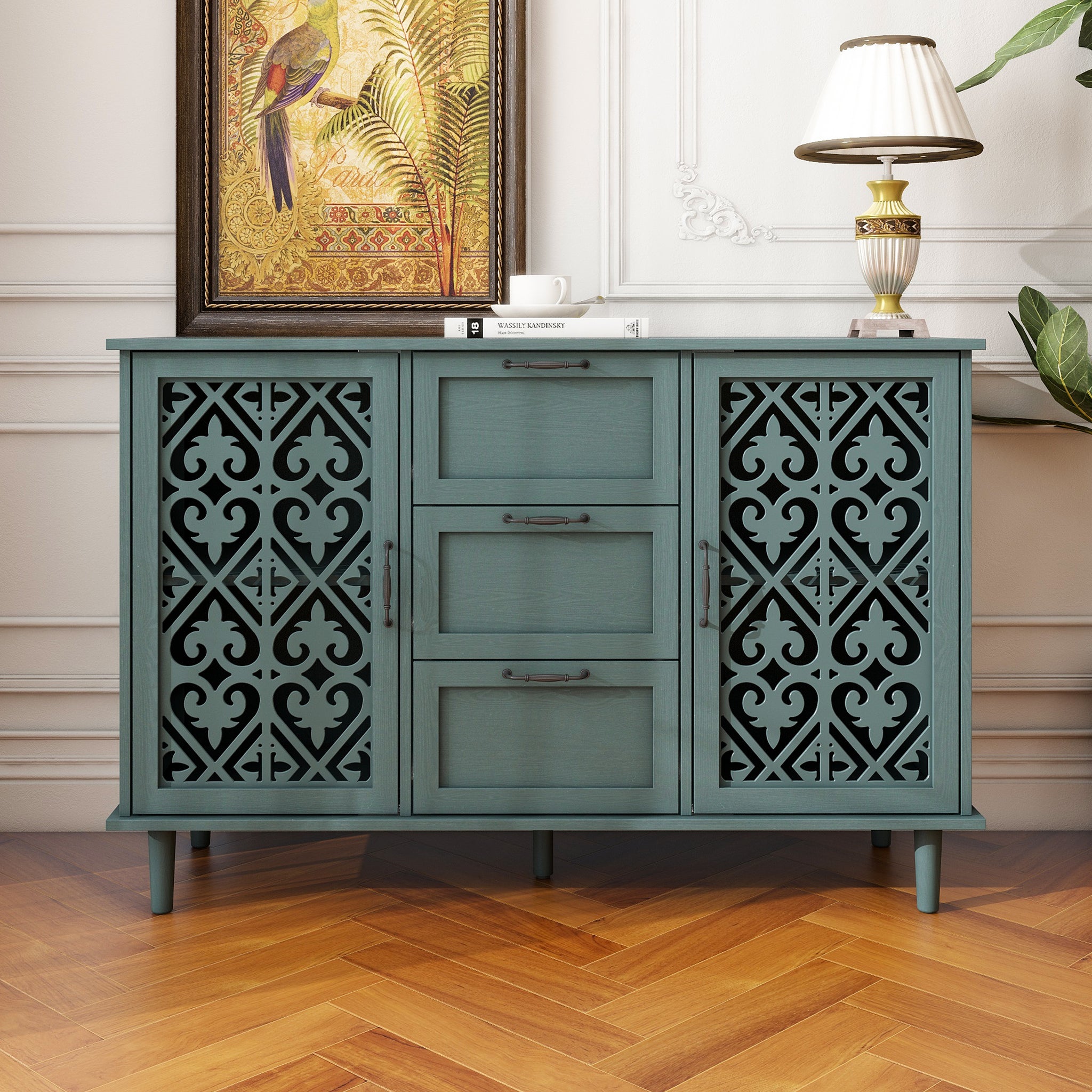 2 Door 3 Drawer Cabinet, American Furniture, Suitable For Bedroom, Living Room, Study Dark Green Particle Board