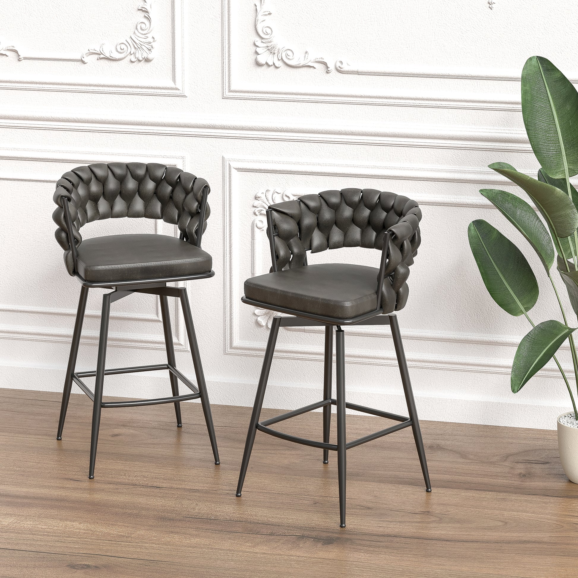 Technical Leather Woven Bar Stool Set Of 2,Black Legs Barstools No Adj