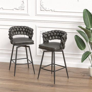 Technical Leather Woven Bar Stool Set Of 2,Black Legs Barstools No Adjustable Kitchen Island Chairs,360 Swivel Bar Stools Upholstered Counter Stool Arm Chairs With Back Footrest, Tan Metal Black Brown Kitchen Dining Chairs Foam Technical Leather