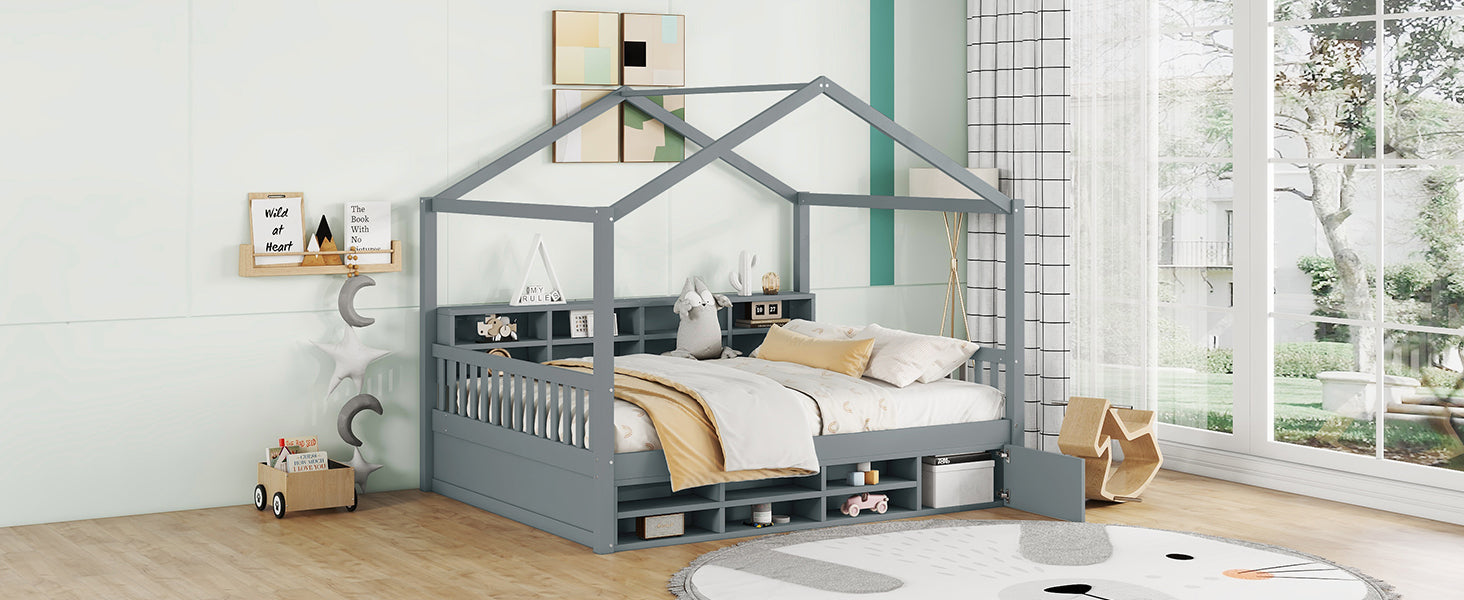 Full Size Wooden House Bed With Shelves And A Mini Cabinet, Gray Box Spring Not Required Gray Wood Bedroom Pine Bed Frame Wood