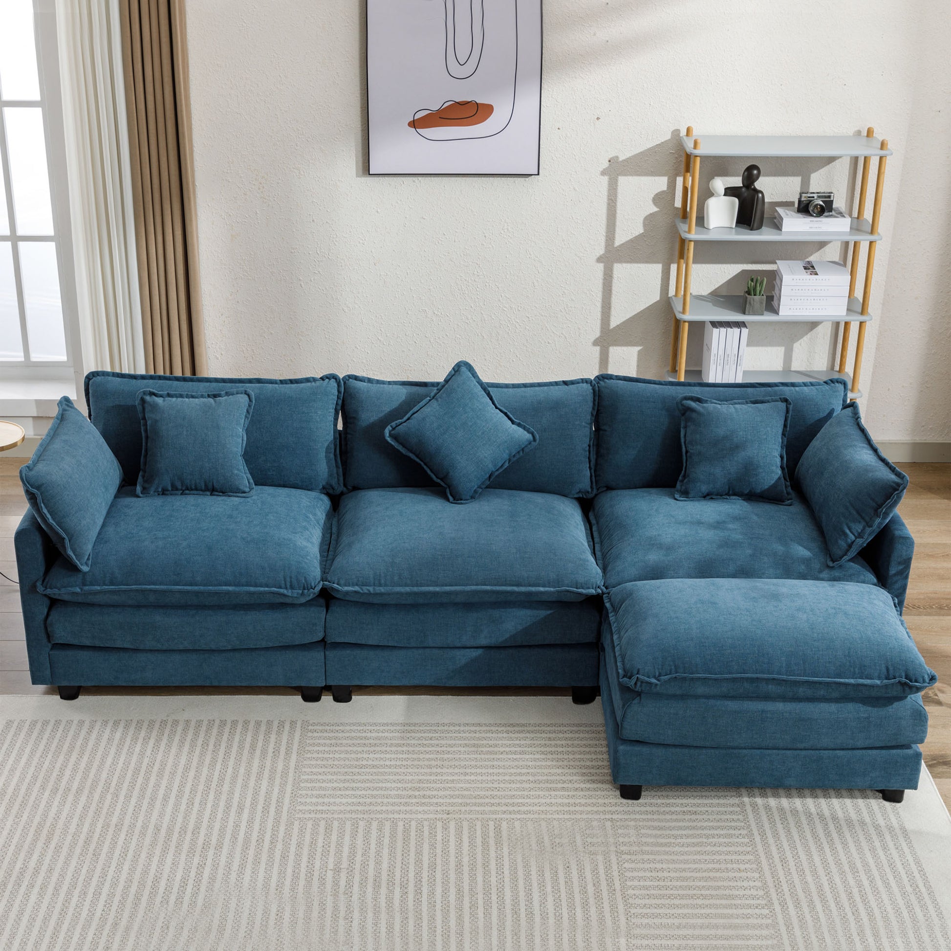 112.2" L Shape Chenille Upholstered Sofa For Living Room Modern Luxury Sofa Couch With Ottoman, 5 Pillows, Blue Blue Foam 4 Seat