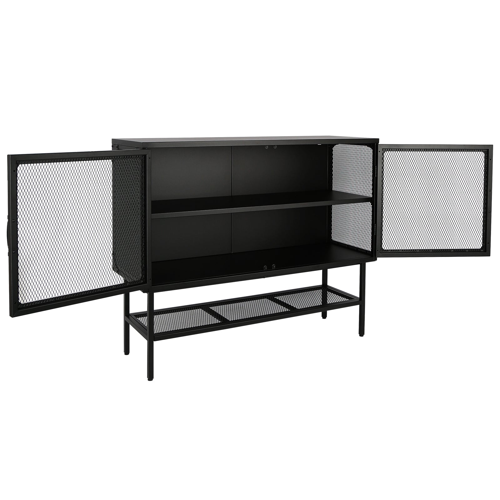 Industrial Double Door Cabinet Console Table With 2 Mesh Doors Adjustable Shelf And Feet Bottom Shelf Anti Tip Dust Free Kitchen Credenza Sideboard Frosted Black Black Steel