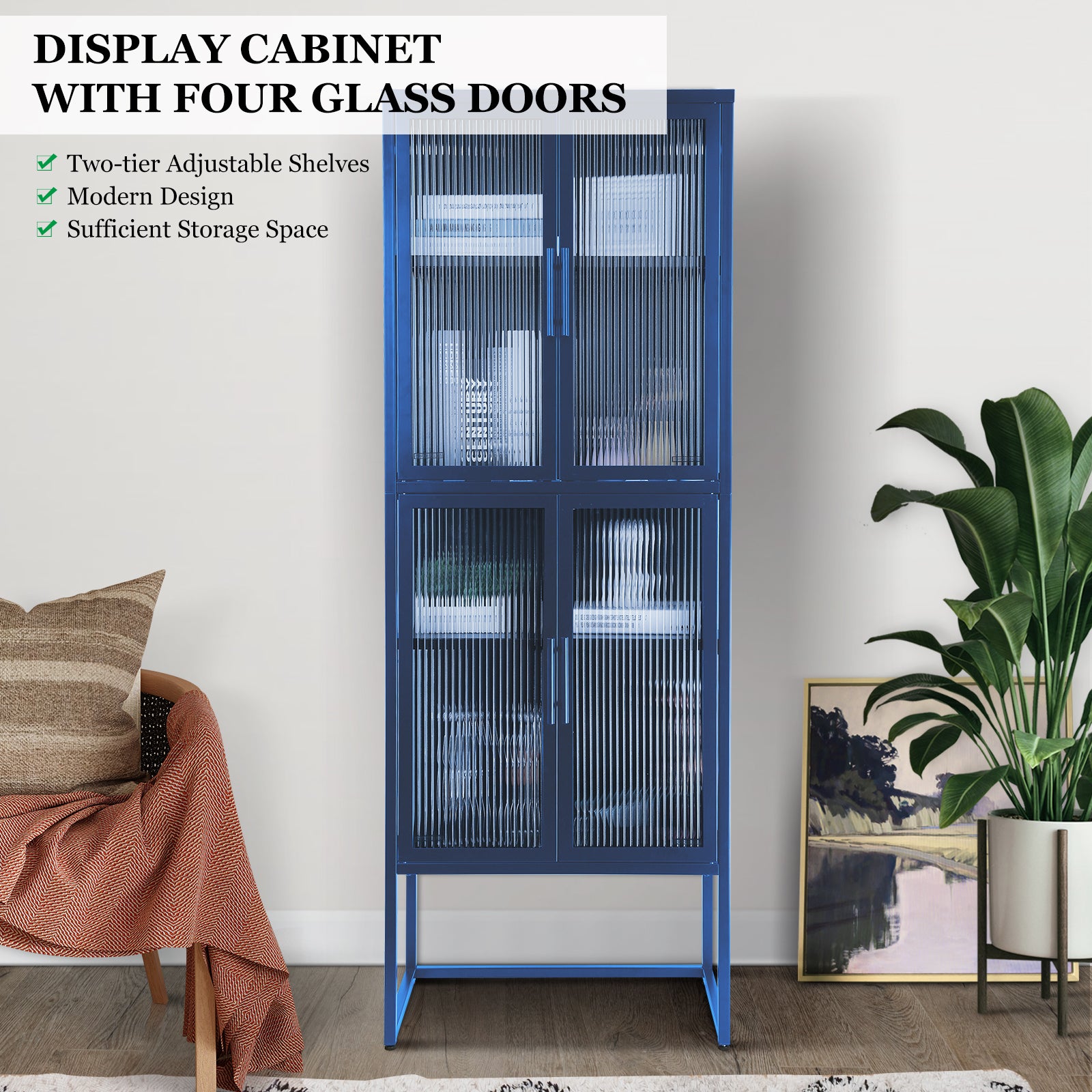 Stylish 4 Door Tempered Glass Cabinet With 4 Glass Doors Adjustable Shelves U Shaped Leg Anti Tip Dust Free Fluted Glass Kitchen Credenza Blue Blue Tempered Glass Sheet Metal Plastic