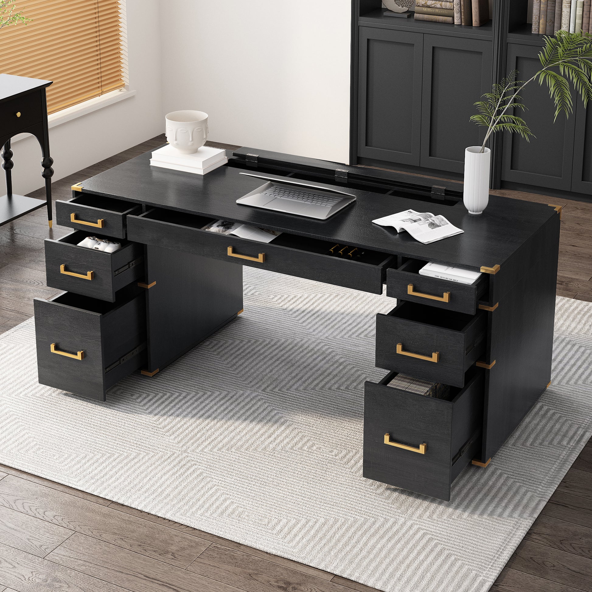 70"Classic And Traditional Executive Desk With Metal Edge Trim ,Writing Desk With 2 File Drawers,Usb Ports And Outlets,Desk With Hidden Compartment For Living Room,Home Office,Study Room,Black Black Gold Mdf Metal