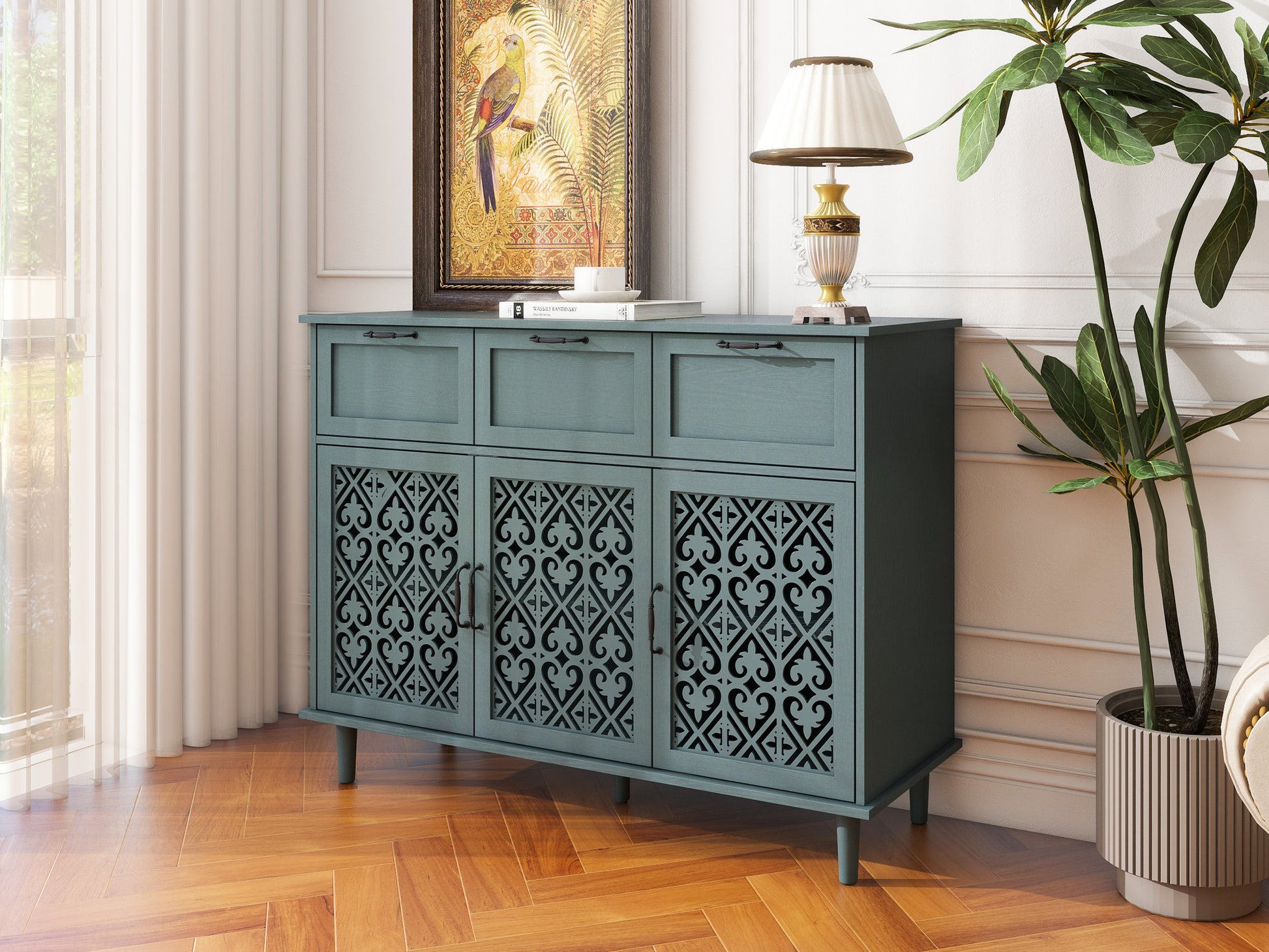 3 Door 3 Drawer Cabinet, American Furniture, Suitable For Bedroom, Living Room, Study Dark Green Particle Board