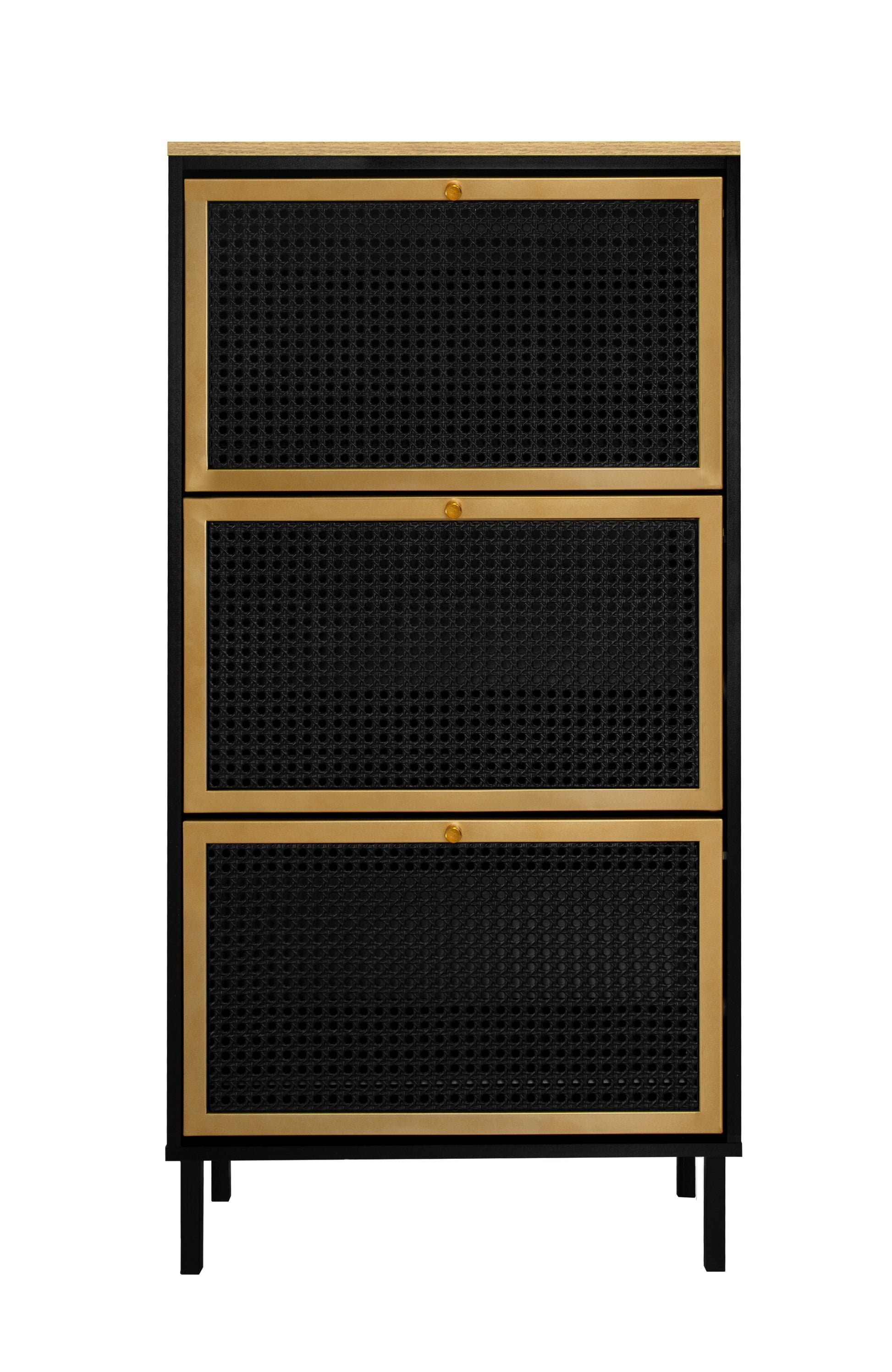 3 Metal Door Shoe Rack, Freestanding Modern Shoe Storage Cabinet, Metal Rattan, For Entryway Black Particle Board