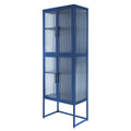 Stylish 4 Door Tempered Glass Cabinet With 4 Glass Doors Adjustable Shelves U Shaped Leg Anti Tip Dust Free Fluted Glass Kitchen Credenza Blue Blue Tempered Glass Sheet Metal Plastic