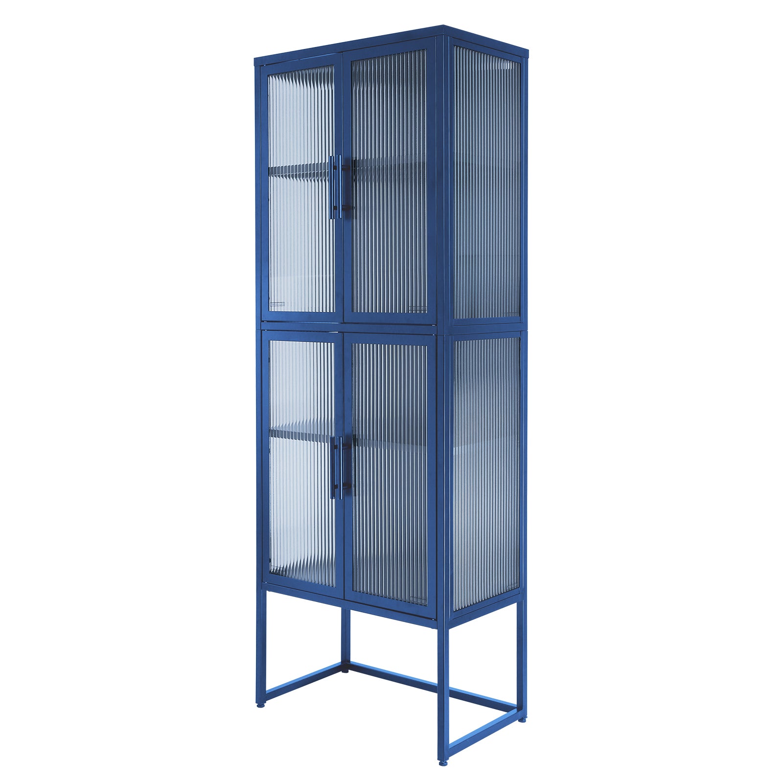 Stylish 4 Door Tempered Glass Cabinet With 4 Glass Doors Adjustable Shelves U Shaped Leg Anti Tip Dust Free Fluted Glass Kitchen Credenza Blue Blue Tempered Glass Sheet Metal Plastic